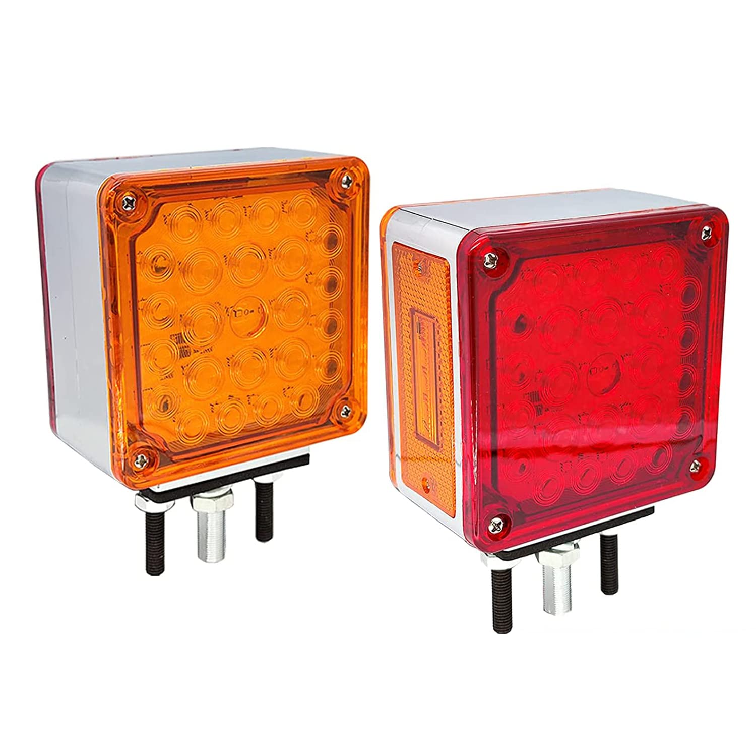 2 PCS Amber/Red Double-Face Pedestal Fender Light with Stud Mount  Square 52 LED Stop Turn Tail Signal Trailer Light for Semi Trucks Peterbilt Kenworth Freightliner Towing Dual-Face Orange Waterproof