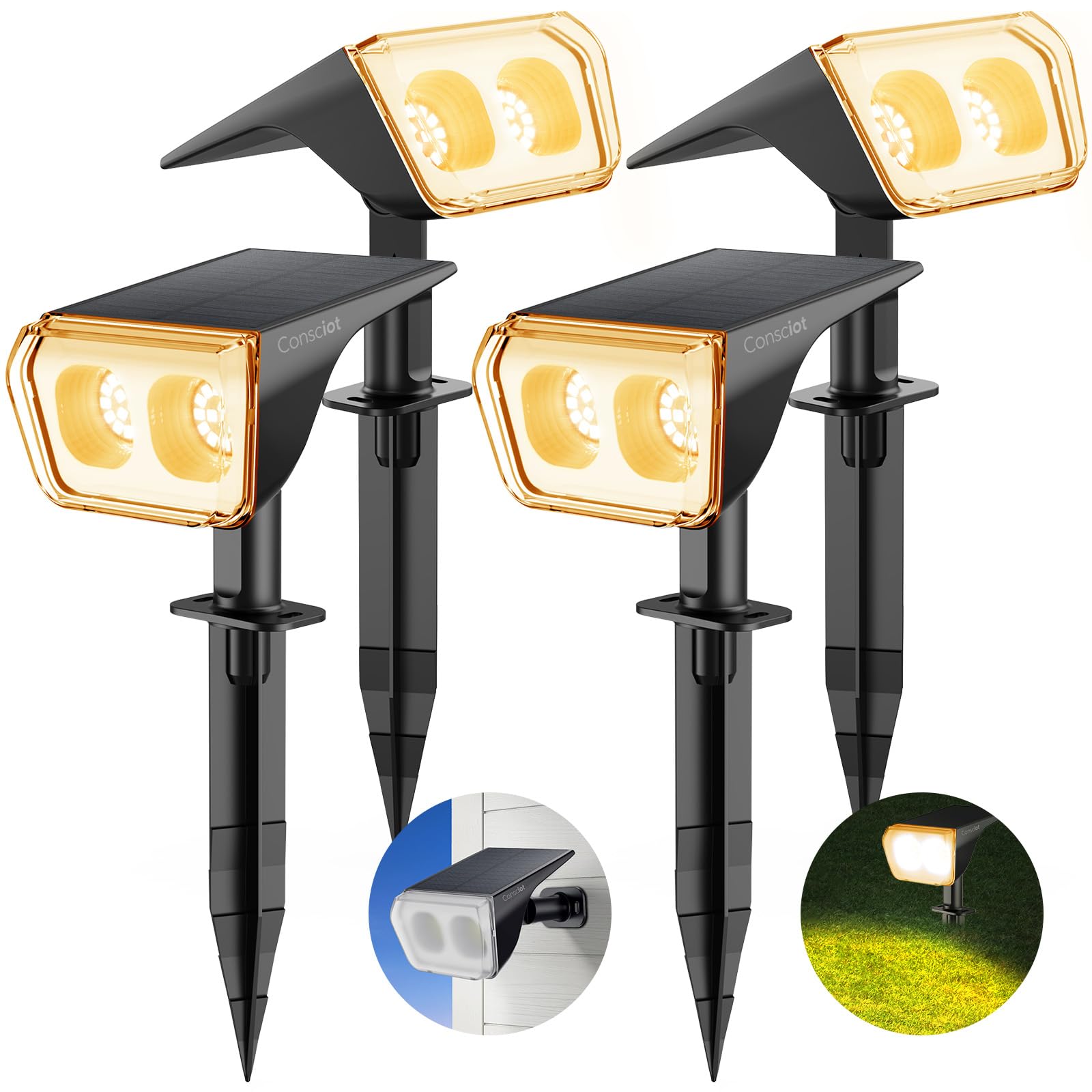 Consciot 24 Led Solar Spot Lights Outdoor, Waterproof Warm White Landscape Lighting, 4 Pack