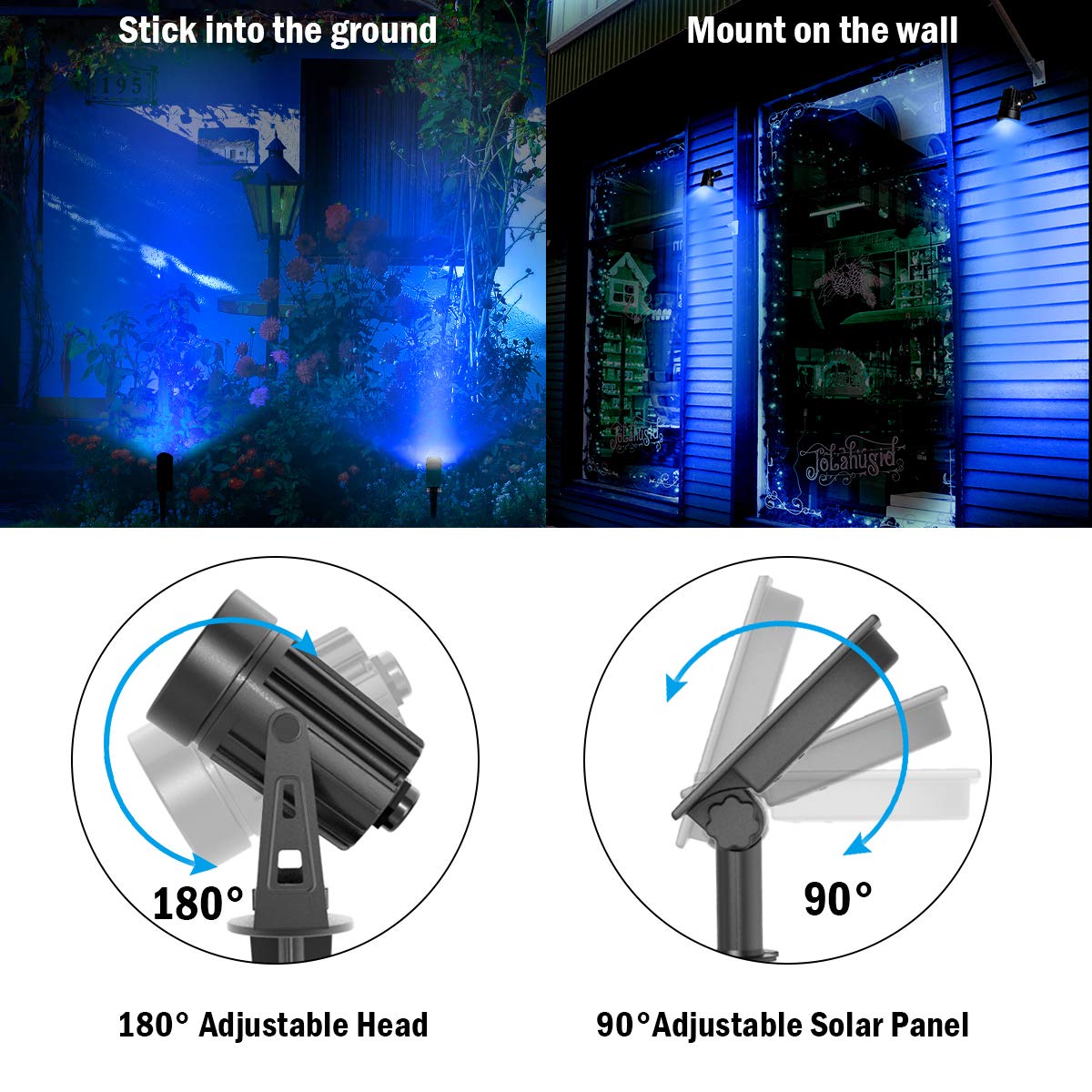 T-SUNUS Solar Spot Lights, 2-in-1 Outdoor Landscape Lighting, Waterproof, Blue, Model TS-S4201, for Yard, Driveway, Pool, Patio