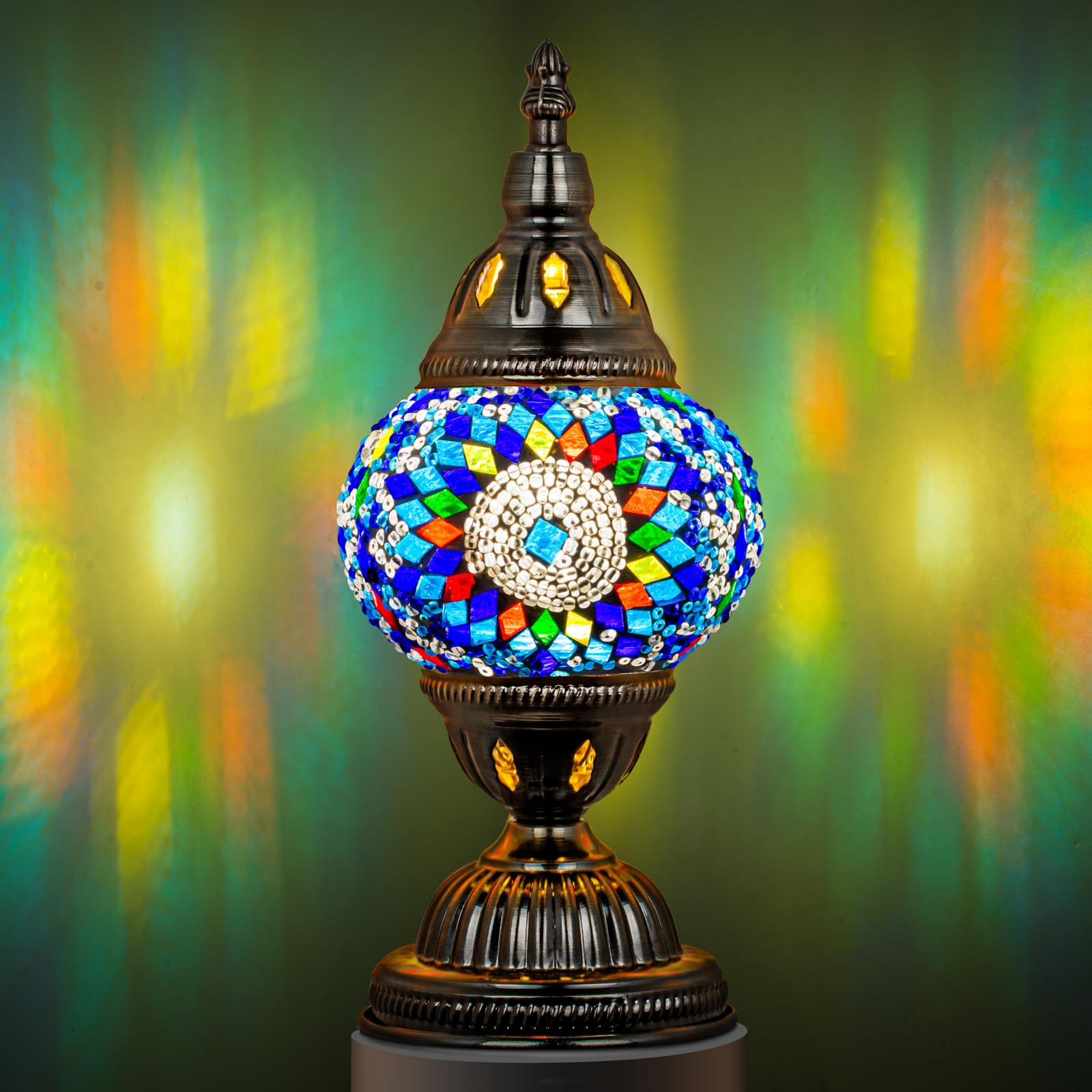 Marrakech Turkish Table Lamp, Handmade Blue Mosaic Glass, Includes LED Bulb, Small Size, Model YMA400-TH01-TowerA-Blue