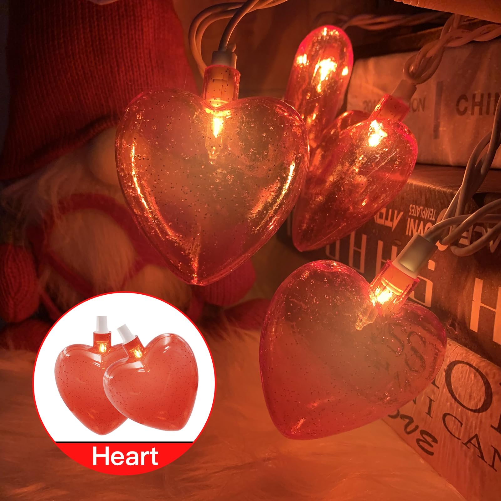 Couah 8.5Ft Red Heart String Lights - 10 LED Fairy Lights for Valentine's Day, Indoor/Outdoor Decor, Model LR-DD-L-10E/1F-C61