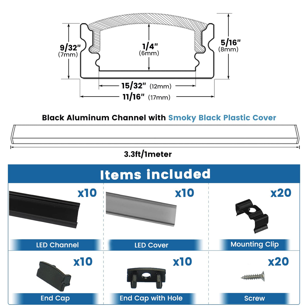 Muzata 10Pack 3.3Ft/1M Led Channel Black Aluminum U Shape Led Strip Ch ...