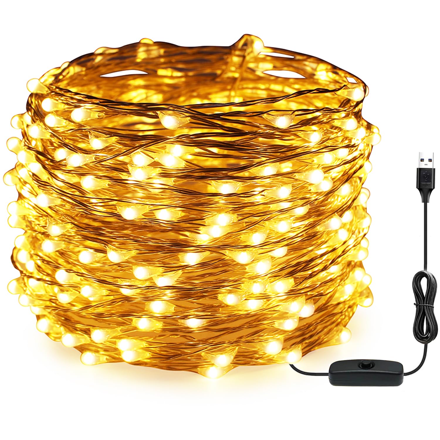 Ruichen 66 Ft 200 Led Warm White Usb String Lights, Copper Wire Fairy Lights With Switch