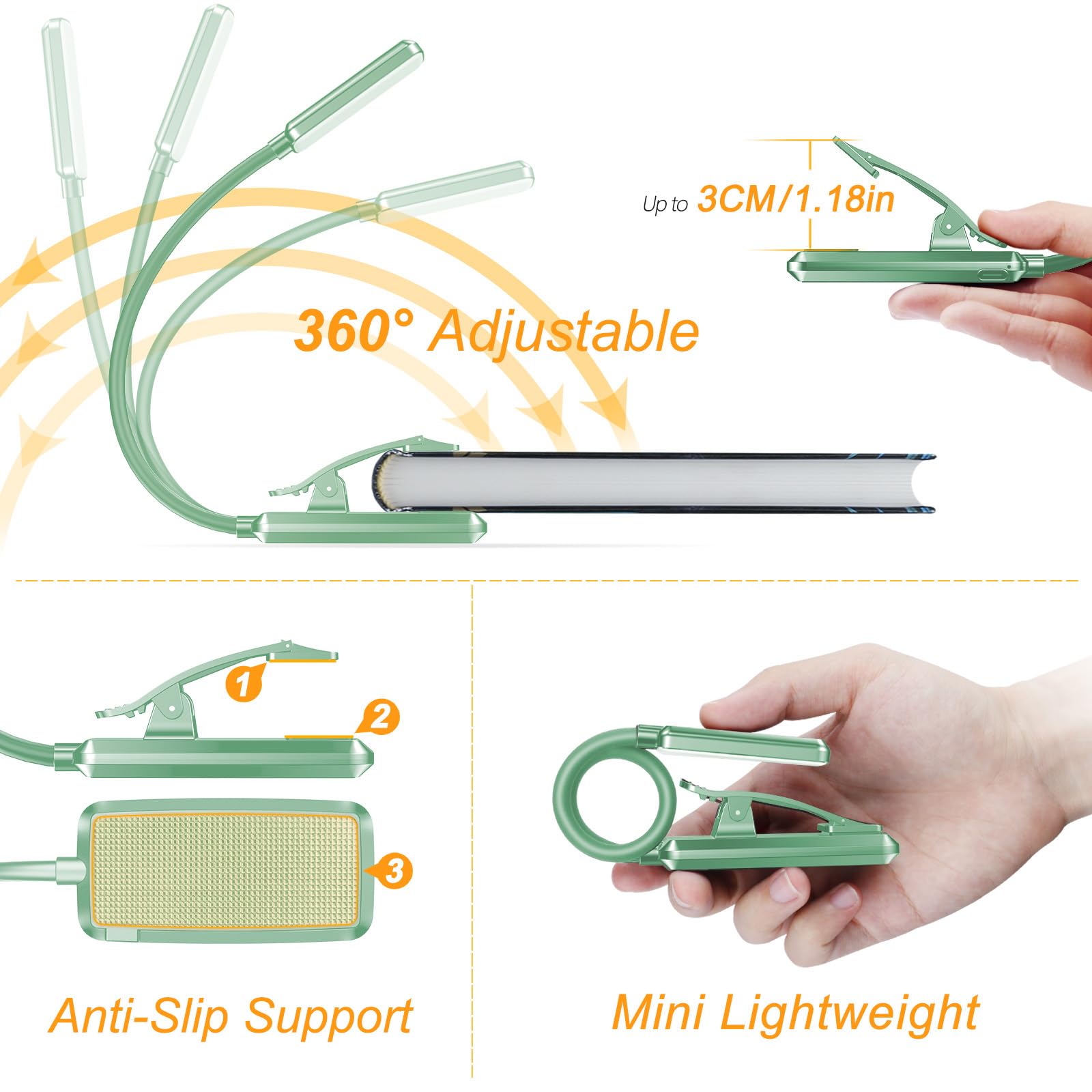 Gritin 9 LED Rechargeable Book Light - Eye Caring, 3 Color Temperatures, Stepless Dimming, Small, Clip On, Cyan, Model G1330