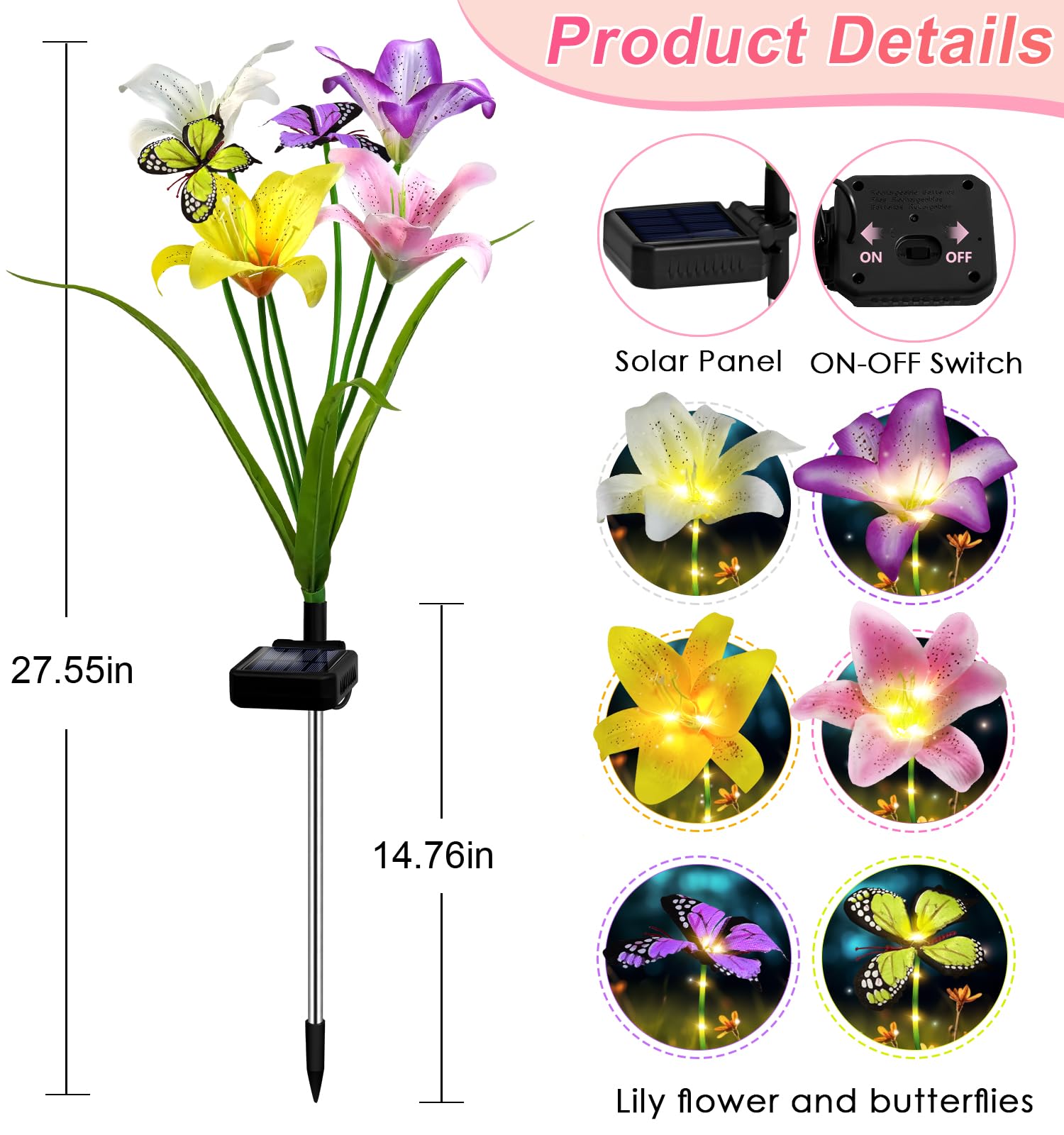 ostritec Solar Garden Lights, 4 Pack Flower Lights, 16 Solar Lilies with Butterflies, Waterproof Decor, Model NewLily4pack, Color: 4 pcs Lilies
