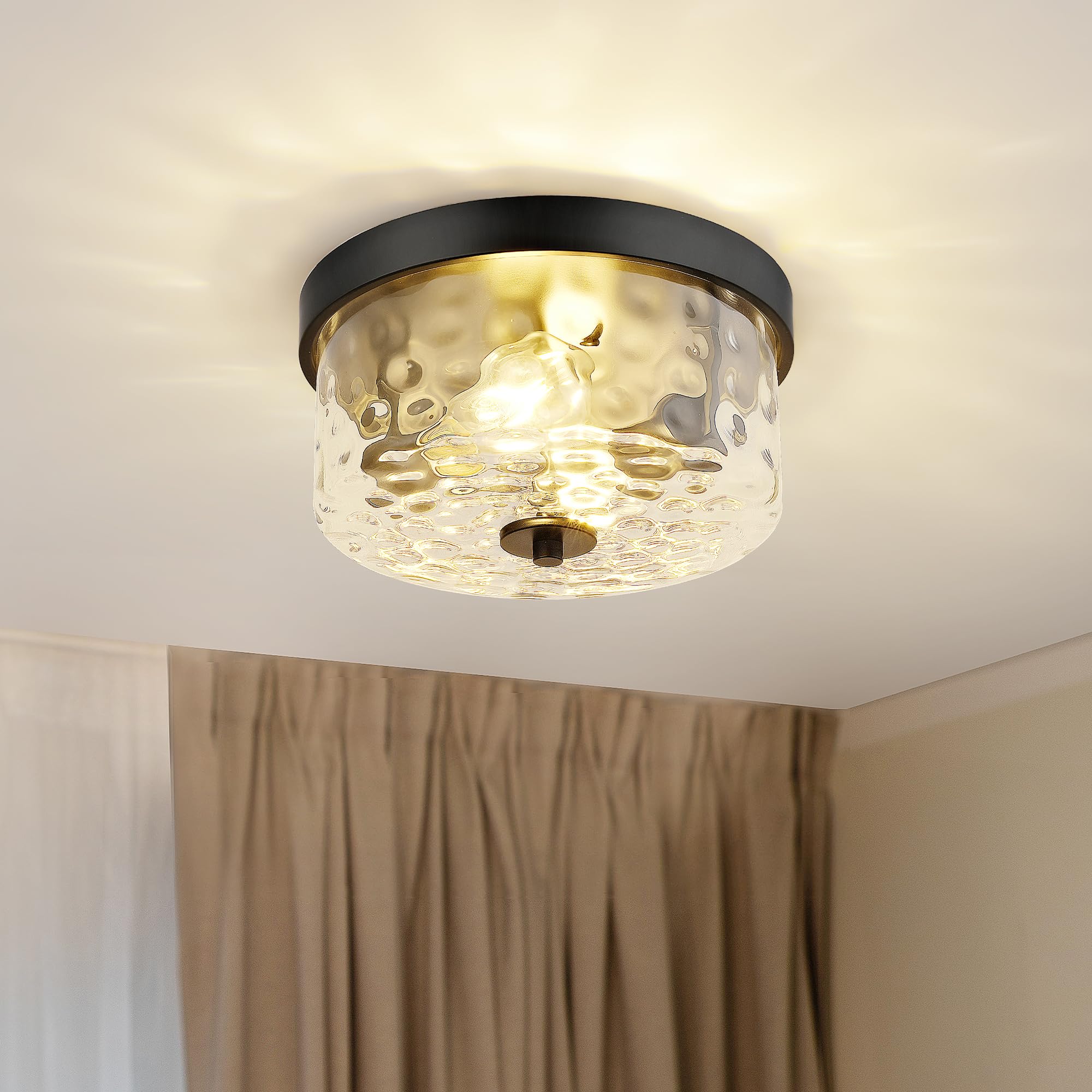 Emak 11&quot; Black Flush Mount Ceiling Light With Hammered Glass Shade, 2-Light Modern Fixture