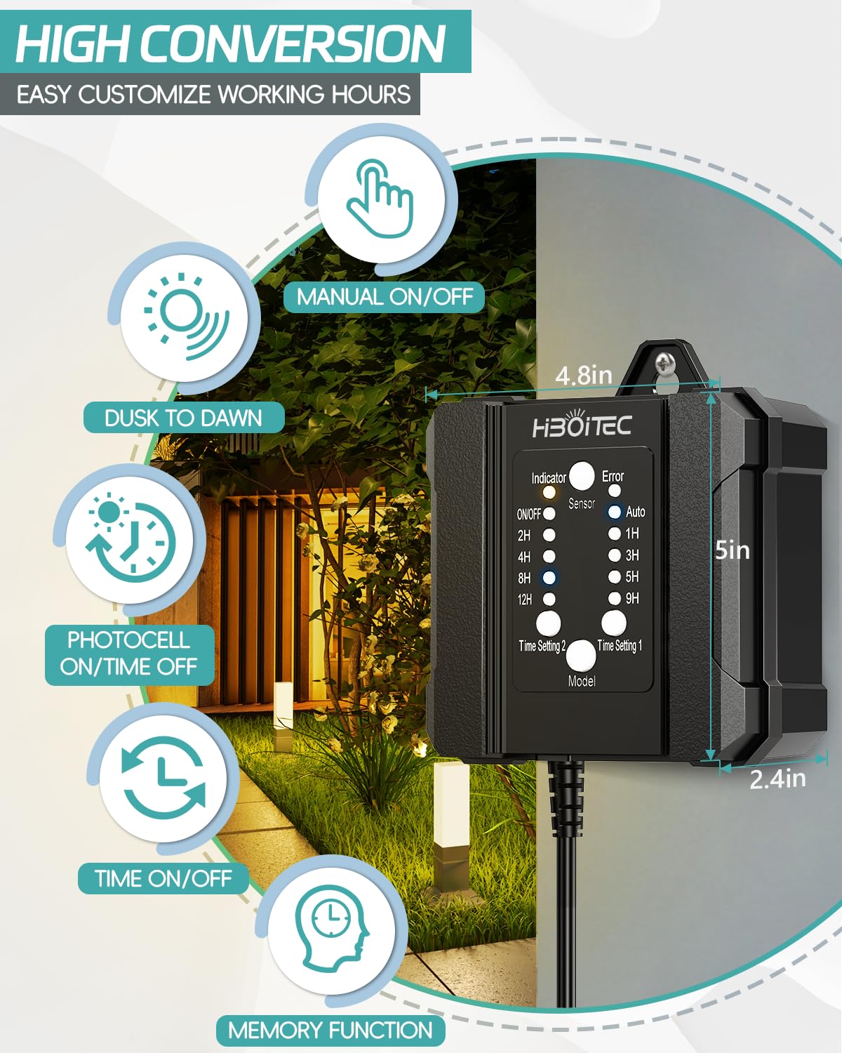 HIBOITEC 100W Low Voltage Landscape Transformer with Timer & Photocell - Model HZT-LVT001 for Outdoor LED Lighting