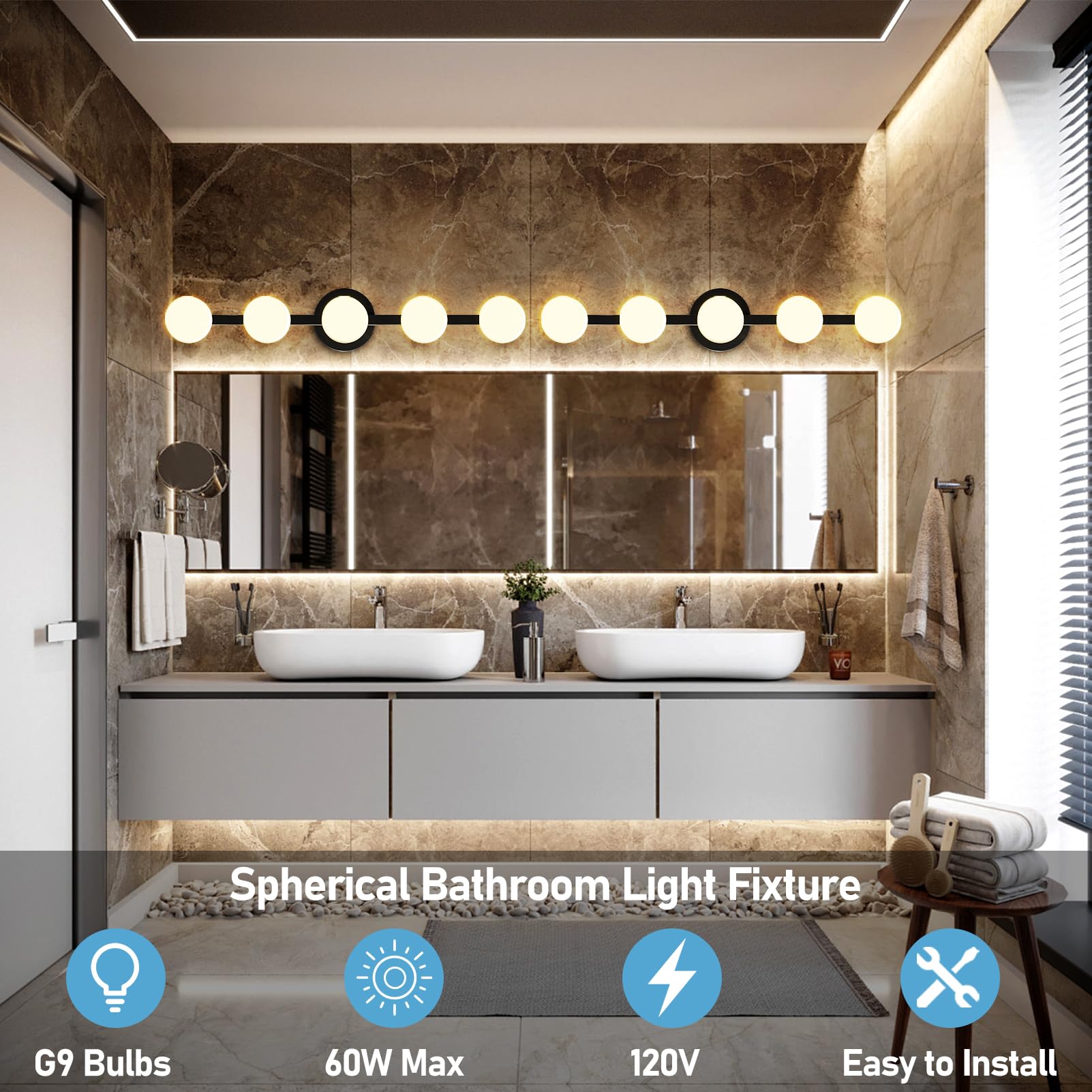 Lightdot 31in 5-Light Vanity Light | Matte Gold Frame, Dimmable, Shatterproof Shades | 5L-Globe Black