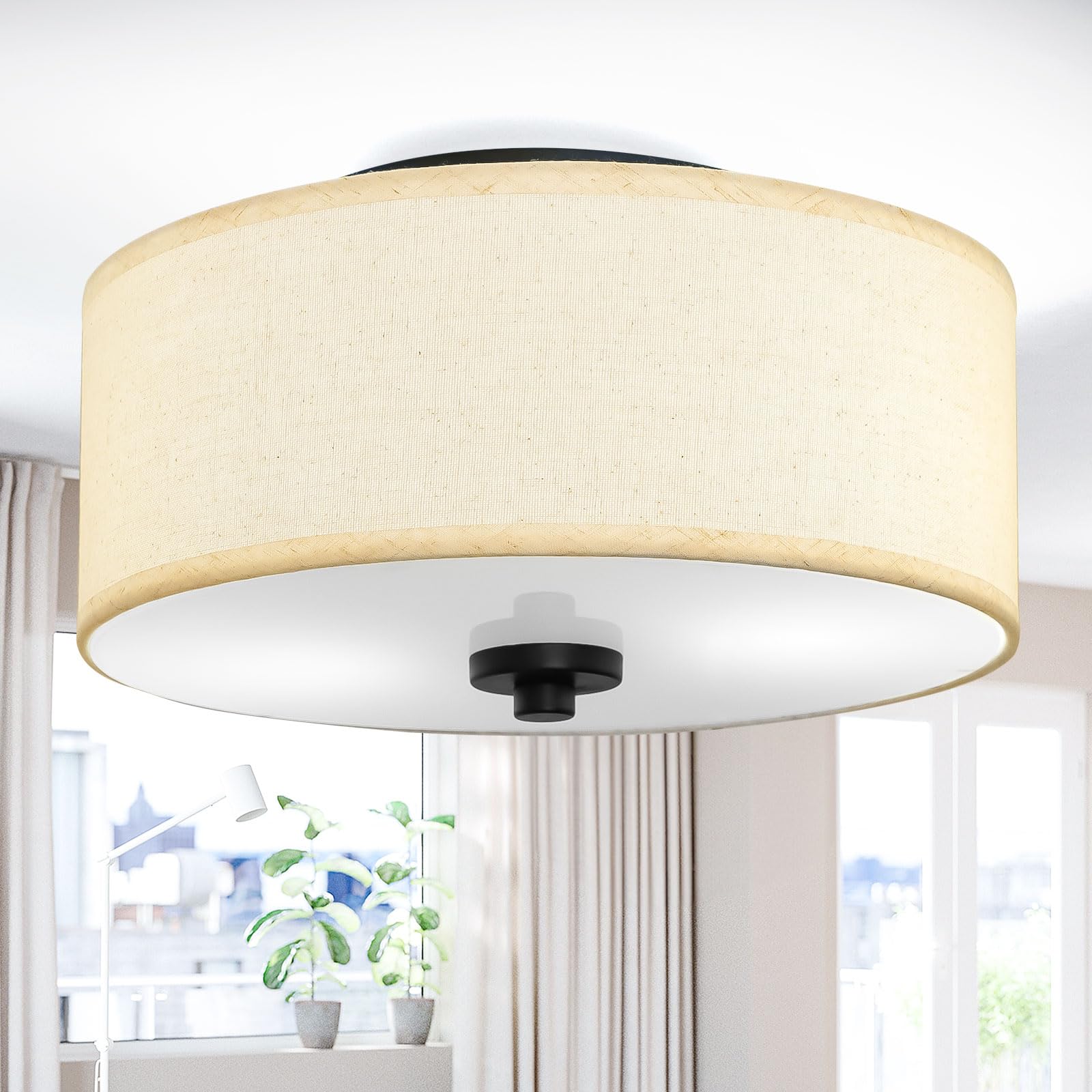 Lodstob 2-Light Flush Mount Ceiling Light Fixture, 12    Modern Close to Ceiling Light with Beige Fabric Drum Shade, Round Penda