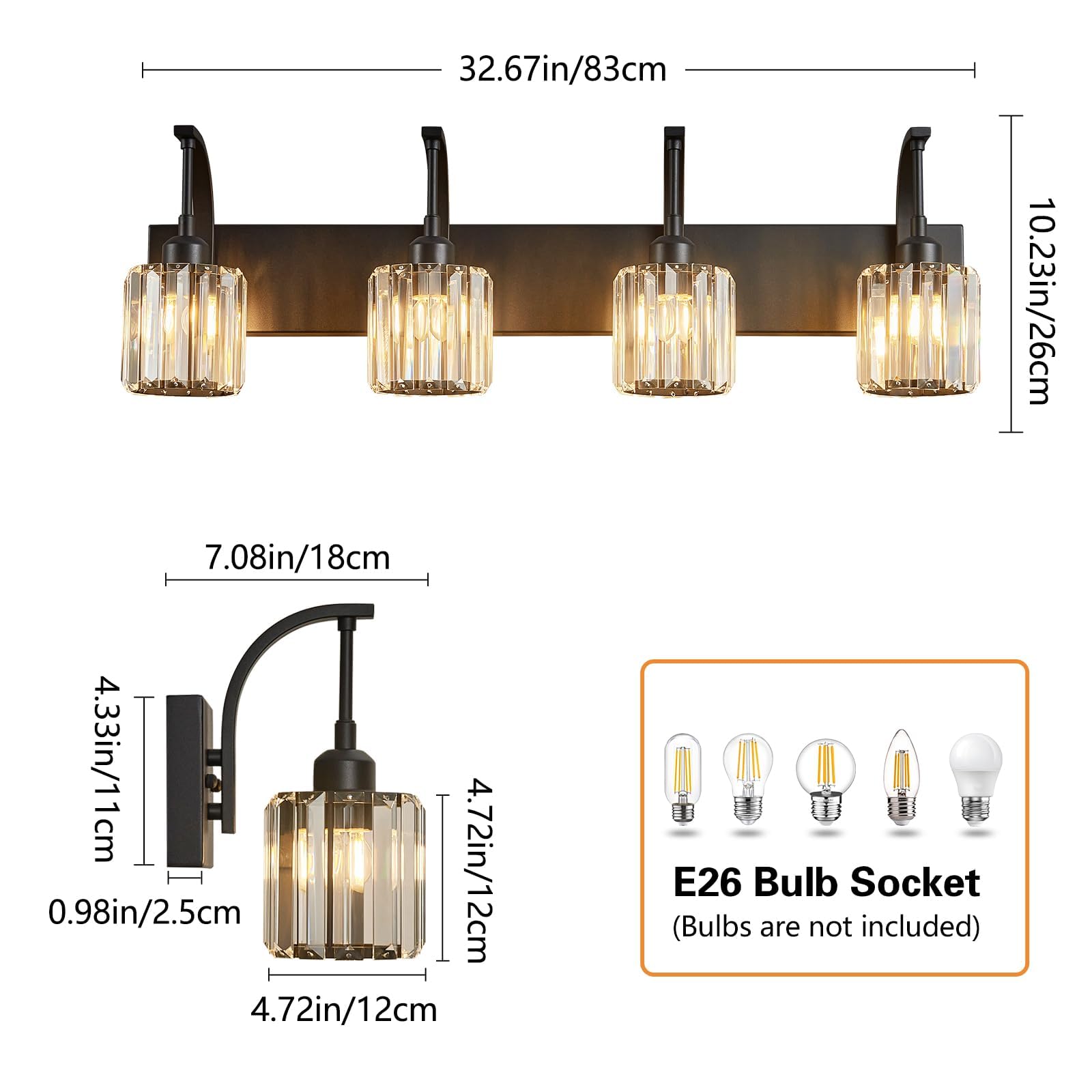 Fdpby 4-Light Crystal Vanity Light  Modern Black Bathroom Wall Sconce With K9 Crystal Shades  32.67 Long Over Mirror Lighting For Vanity  Makeup  Hallway  Elegant & Easy Install
