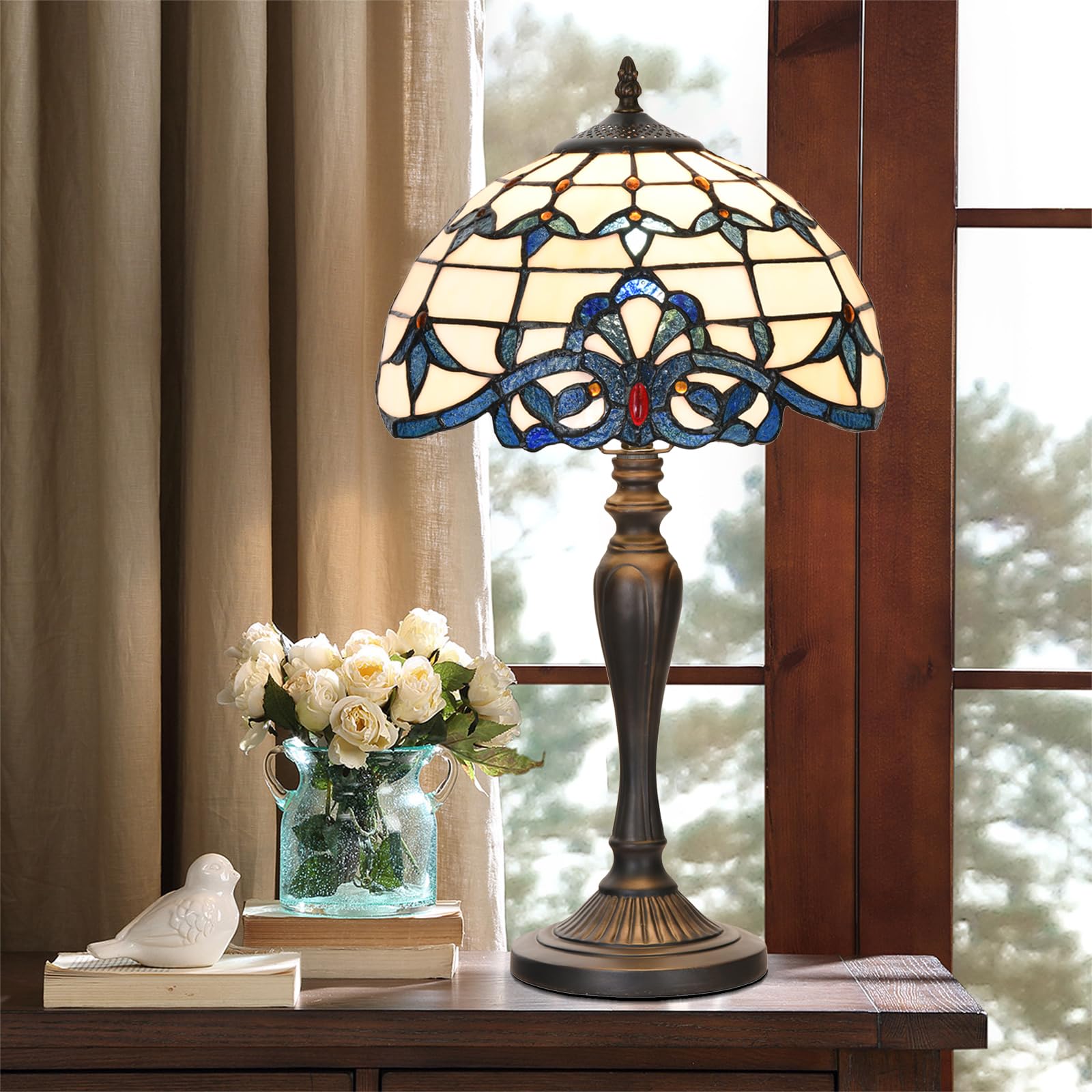 Homebeauty Tiffany Table Lamp Bedside Stained Glass Lamp Blue Baroque Reading Desk Light 12X21.5 Inches For Bedroom Living Room