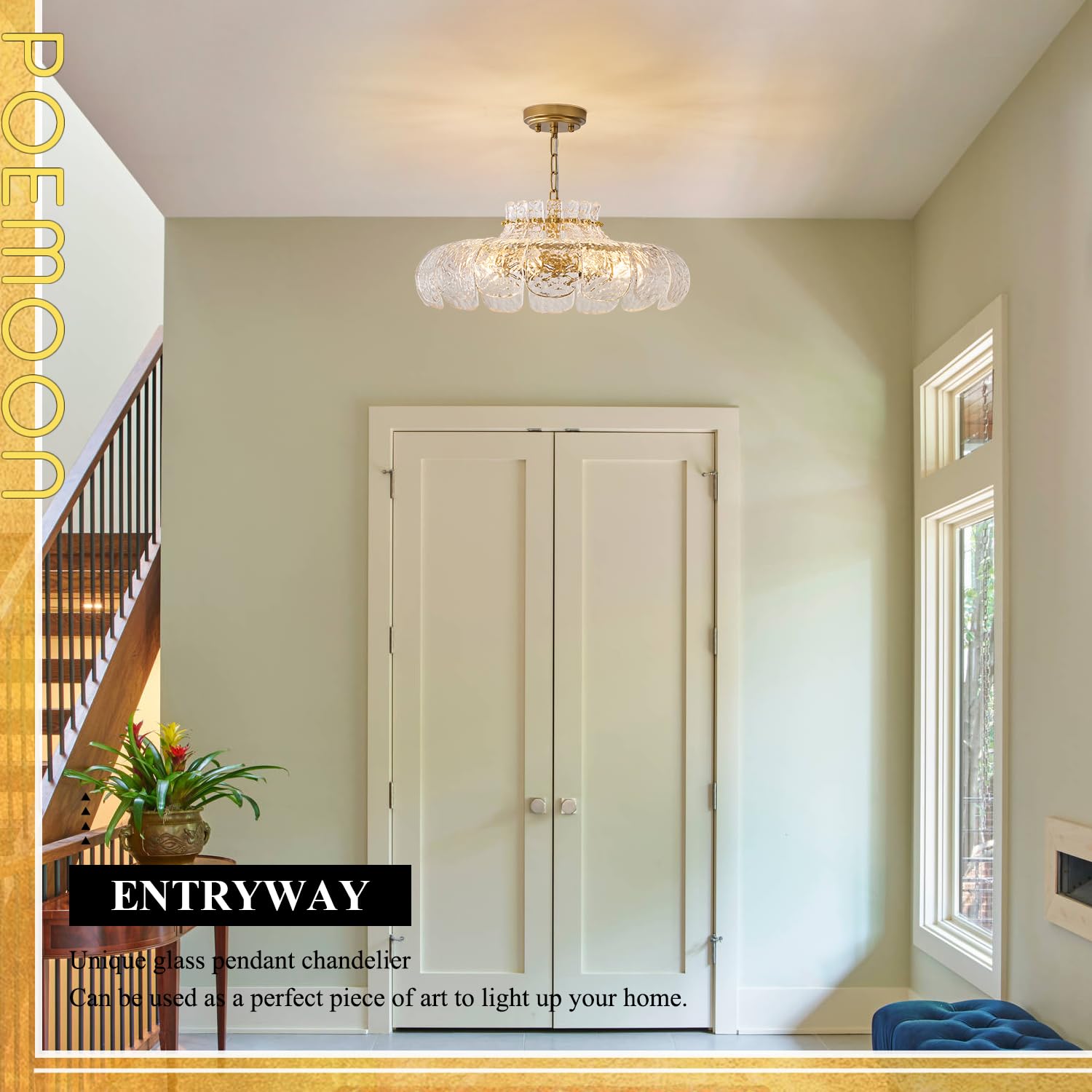 Poemoon 8-Light Modern Water Ripple Glass Chandelier 21.6'' Pendant Chandelier Luxury Gold Hanging Lighting For Living Dining Ro