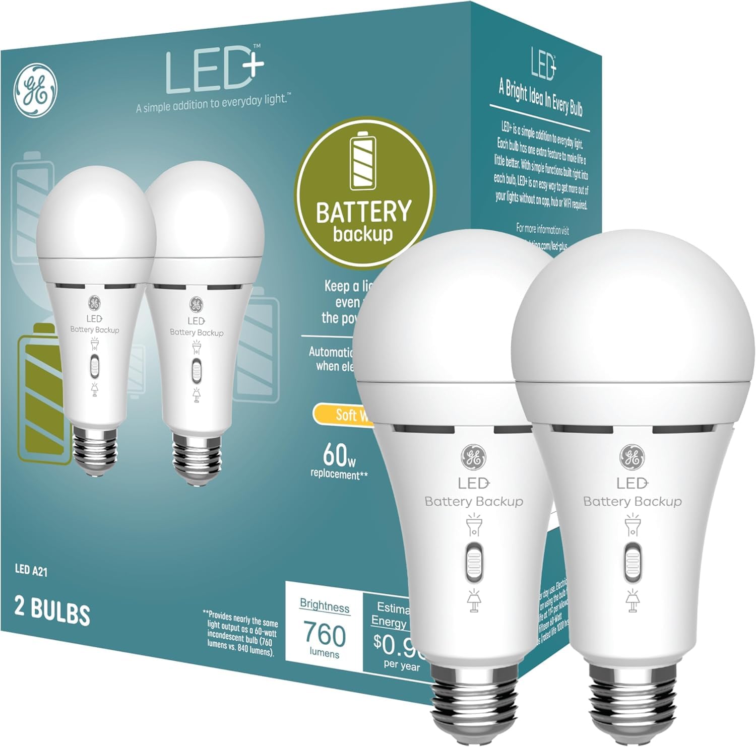 Ge Led+ Battery Backup A21 Led Light Bulbs, Rechargeable Light For Power Outages + Flashlight, Soft White (2 Pack)