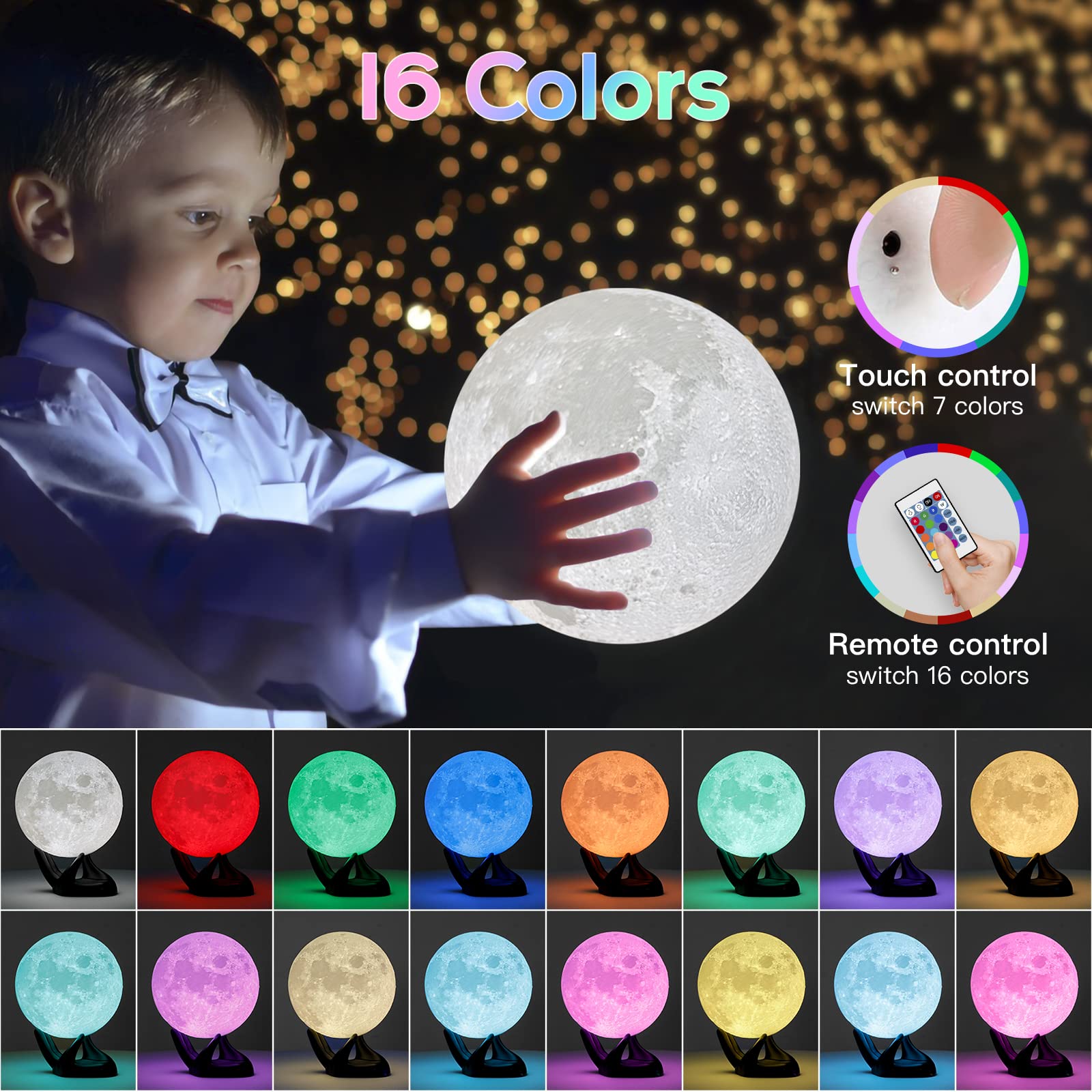 BRIGHTWORLD 7.1" 3D Moon Lamp with Remote & Touch Control, 16 Colors, USB Rechargeable, Black Hand Stand, Perfect Gift for Kids & Teens