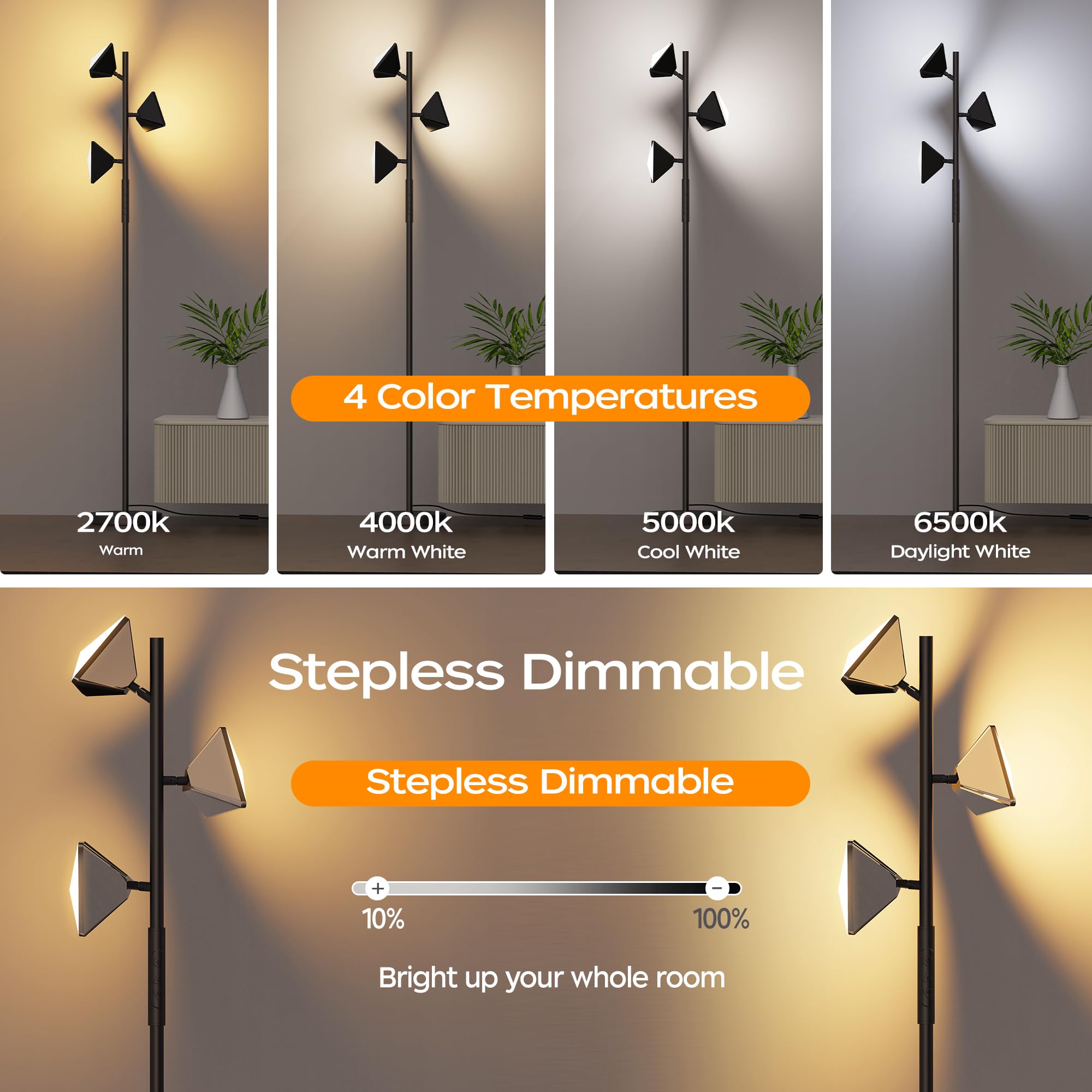 Rgbcw Floor Lamp, 36W Color Changing Led Tree Floor Lamp, Stepless Dimmable Tall Standing Lamp With Remote & Touch Control, 2700