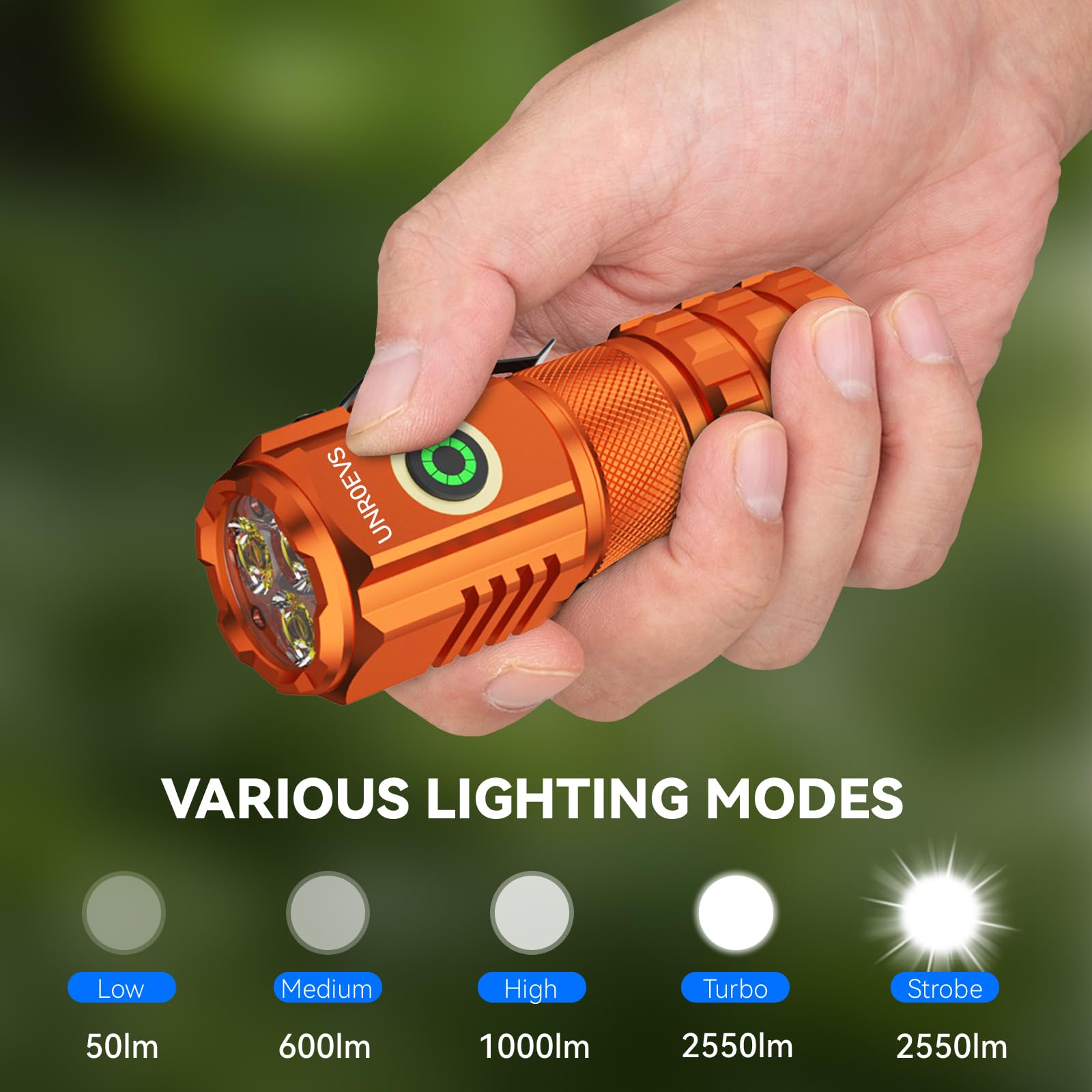 UNROEVS XC06 Mini Rechargeable Flashlight, Super Bright, Compact, Orange, Aluminum, 5 Modes, Perfect for Camping & Emergency