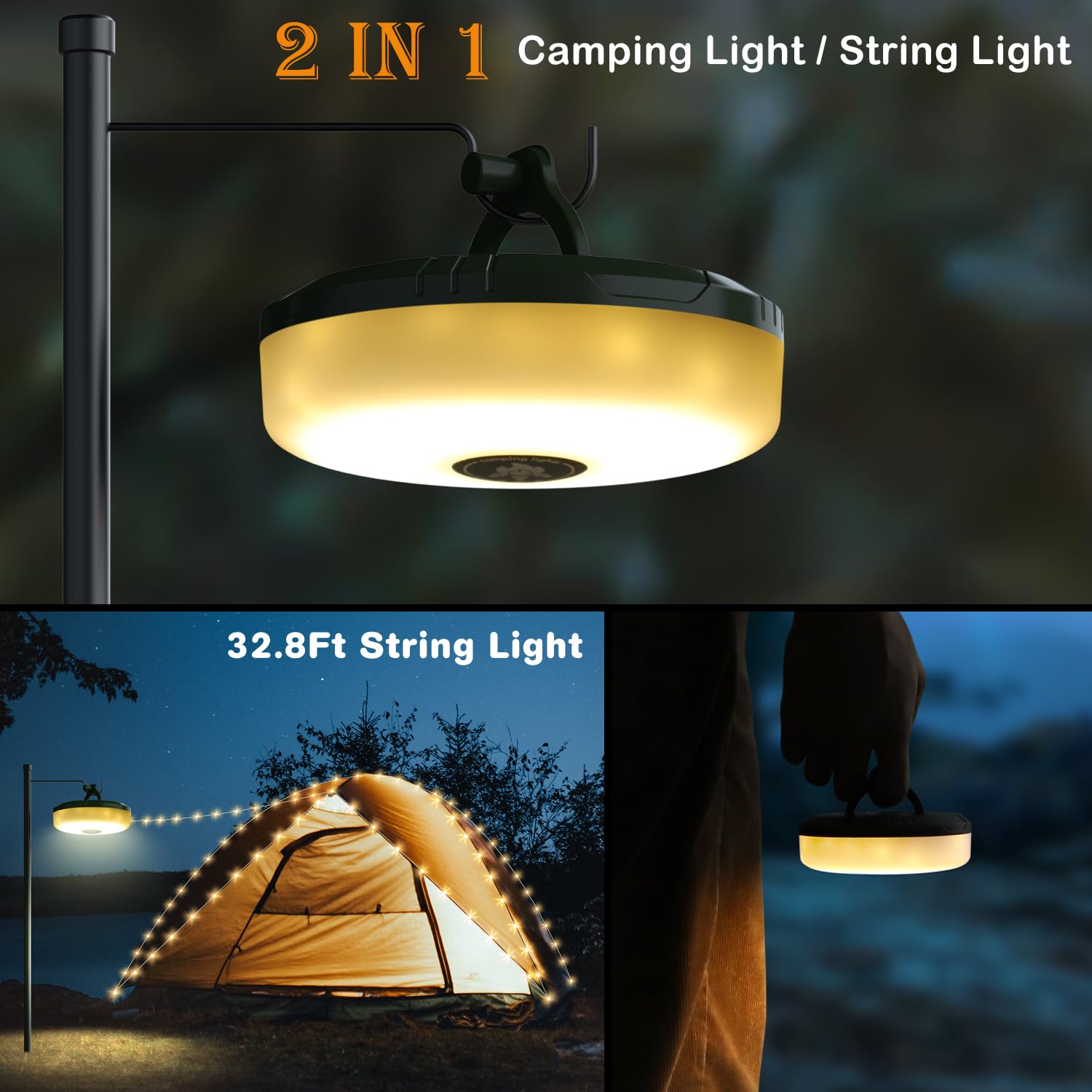 Siloon Camping String Lights, 2 In 1 Outdoor String Lights With 8 Lighting Modes(32.8Ft), Quick 30S Recovery, Durable And Waterp