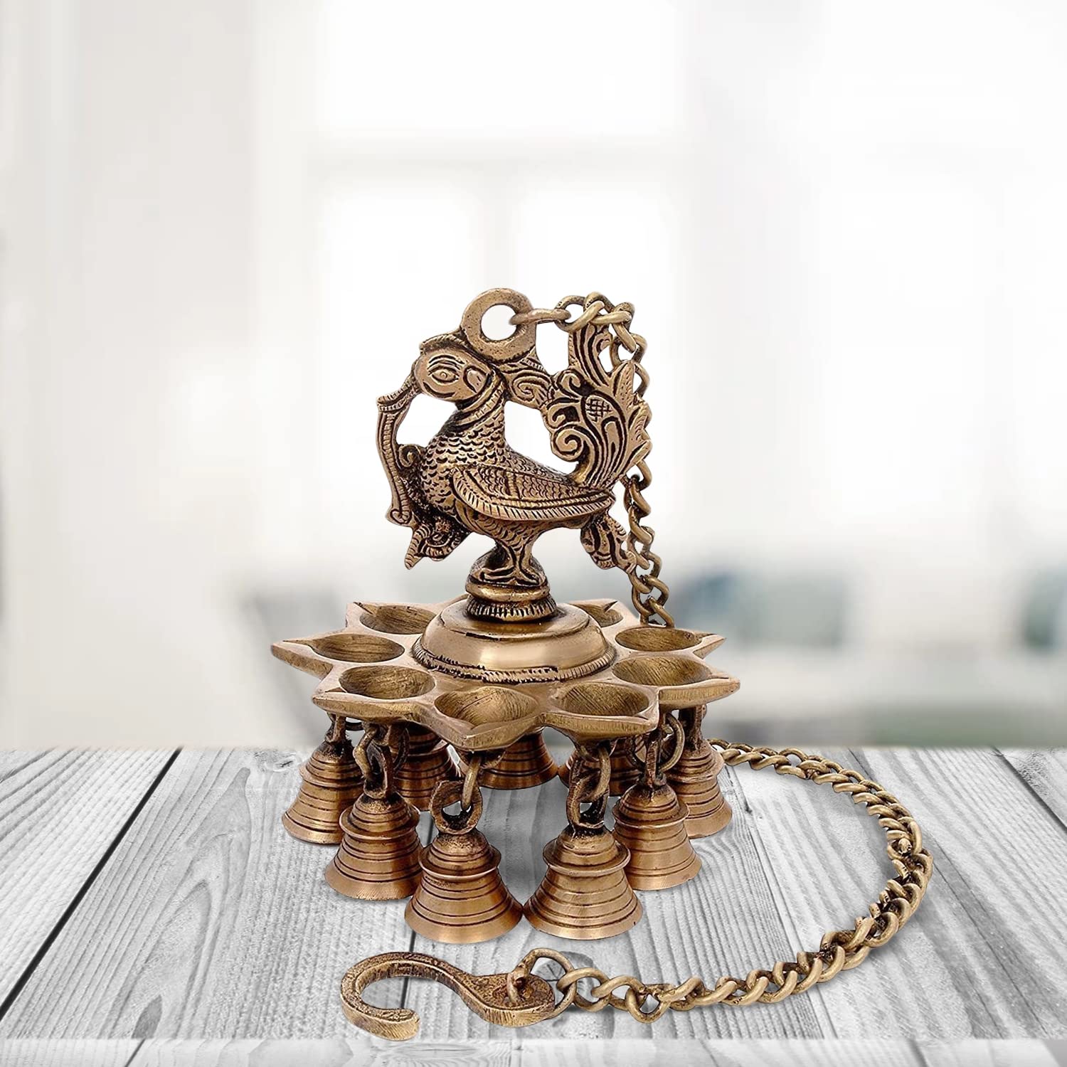 Artvarko Brass Peacock Deepam Deepak Diya Bell with Chain Wall Hanging for Home Decor Mandir Temple Puja 9 Inches Height