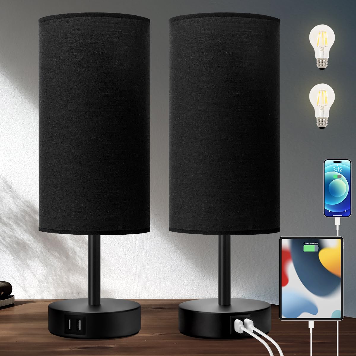 Yarra-Decor Bedside Lamps Set of 2 - Touch Control, 3 Way Dimmable, Black Fabric Shade, Model Y-2 Black