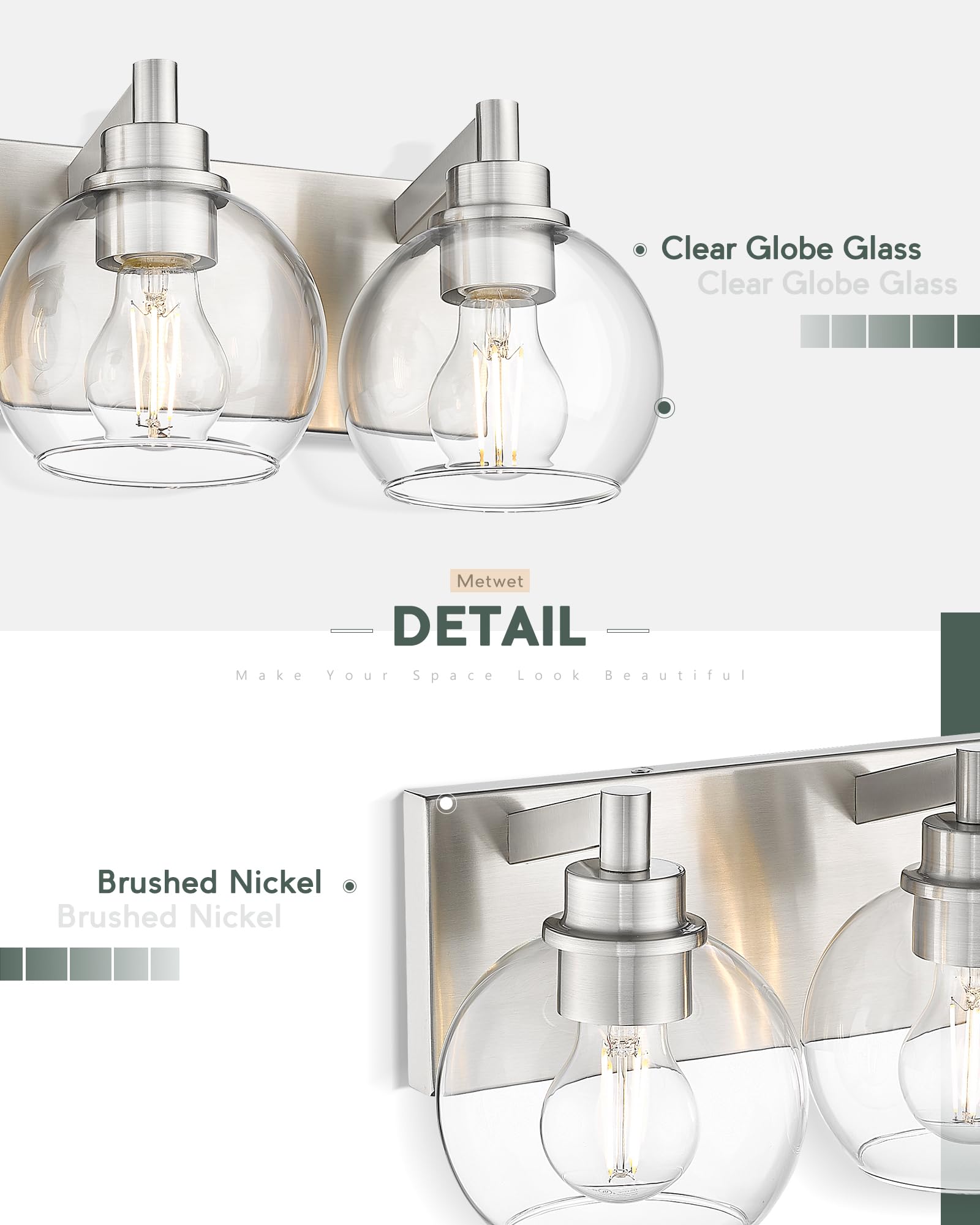 Metwet Bathroom Light Fixtures, 3-Light Brushed Nickel Vanity Light, Modern Wall Sconces With Globe Clear Glass Shade, Vanity Li