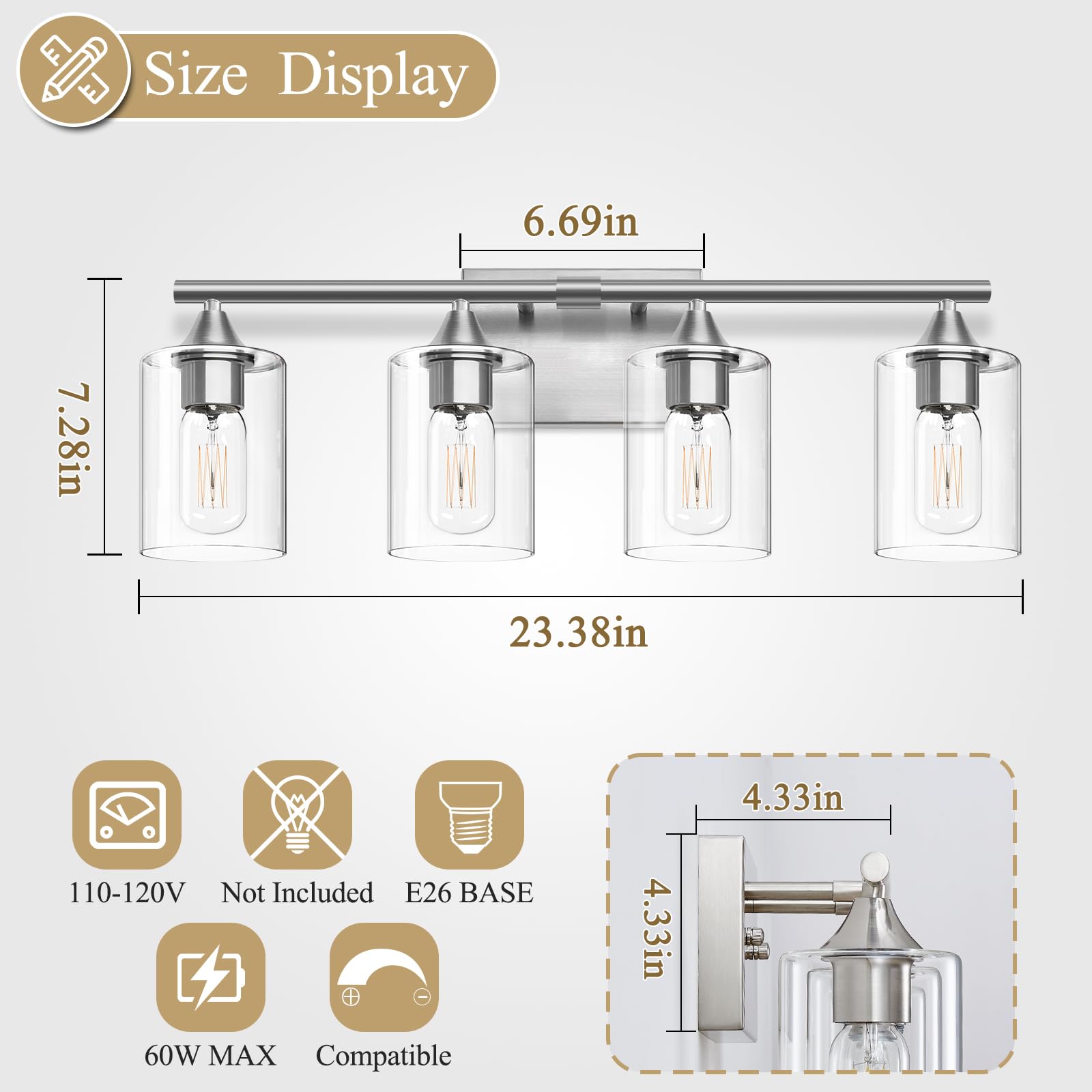 XPEHK 4-Light Bathroom Light Fixture, Modern Brushed Nickel Vanity Sconce for Mirror, Bedroom, Hallway