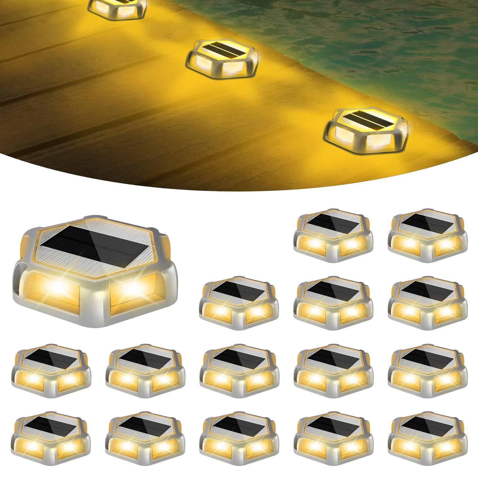 CREPOW Solar Dock Lights Driveway Deck Lights - 16 Packs Waterproof Outdoor LED Aluminum Dock Lighting Warning Step Light for Dr