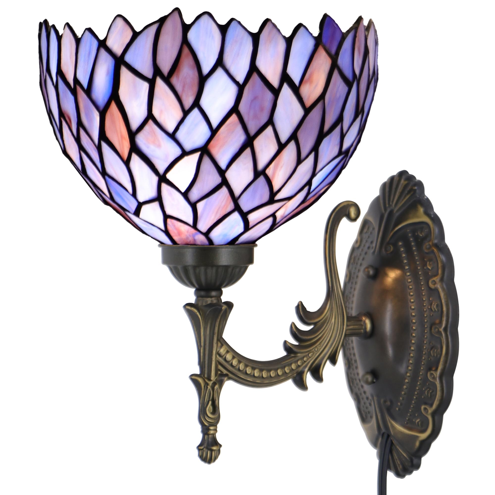 HZYFFYU Tiffany Wall Sconce Lamp Plug in with 8 inch Stained Glass Lampshade 8X10.5X11 Inch Stained Glass Wall Lamp (Wisteria St