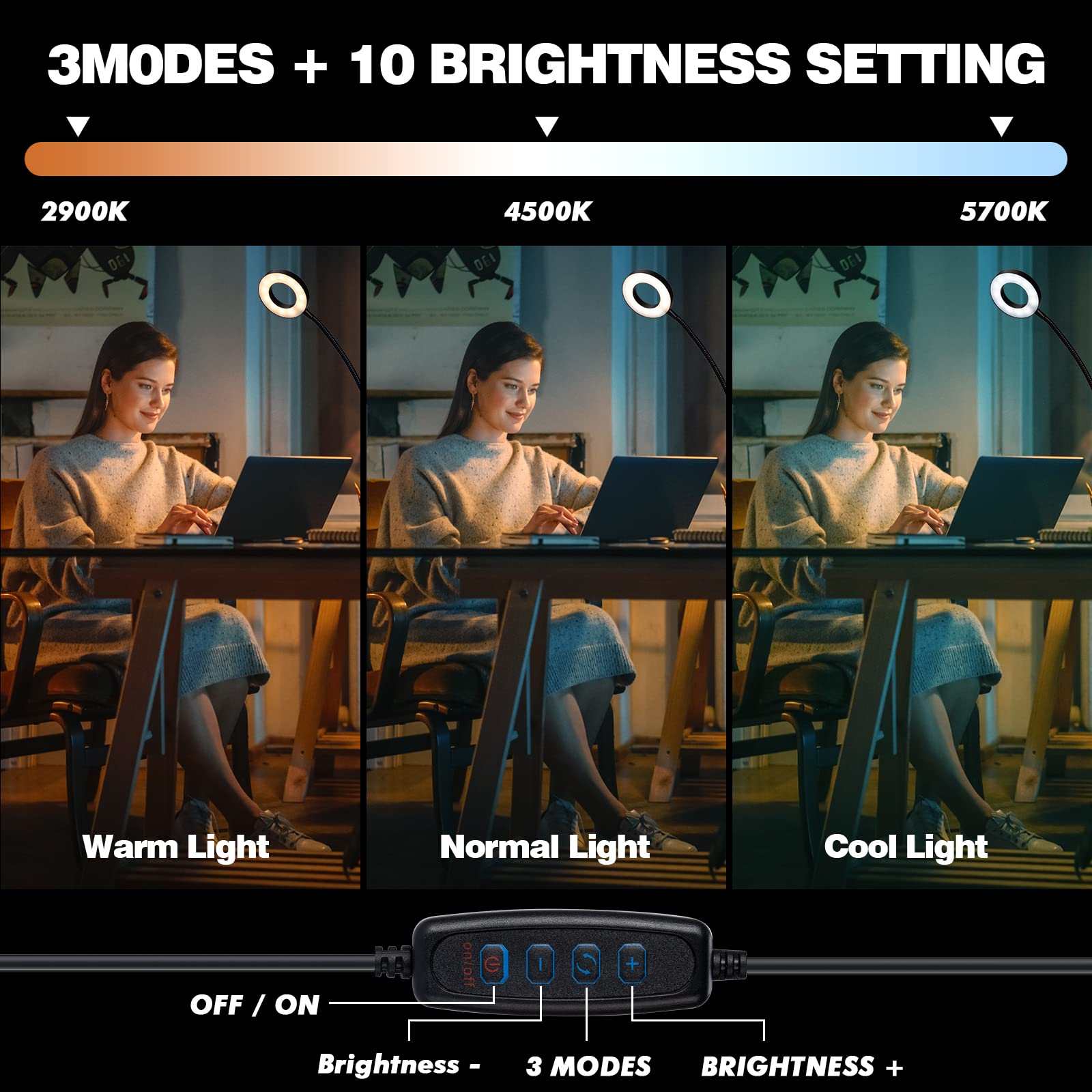 Yeegras Desk Magnifying Glass With Light 10X, Clip On Desk Light With 3 Light Color, 5W Led Desk Lamp With Clamp 10 Adjustable Brightness, Flexible Gooseneck Craft Light Desk Lamps For Home Office