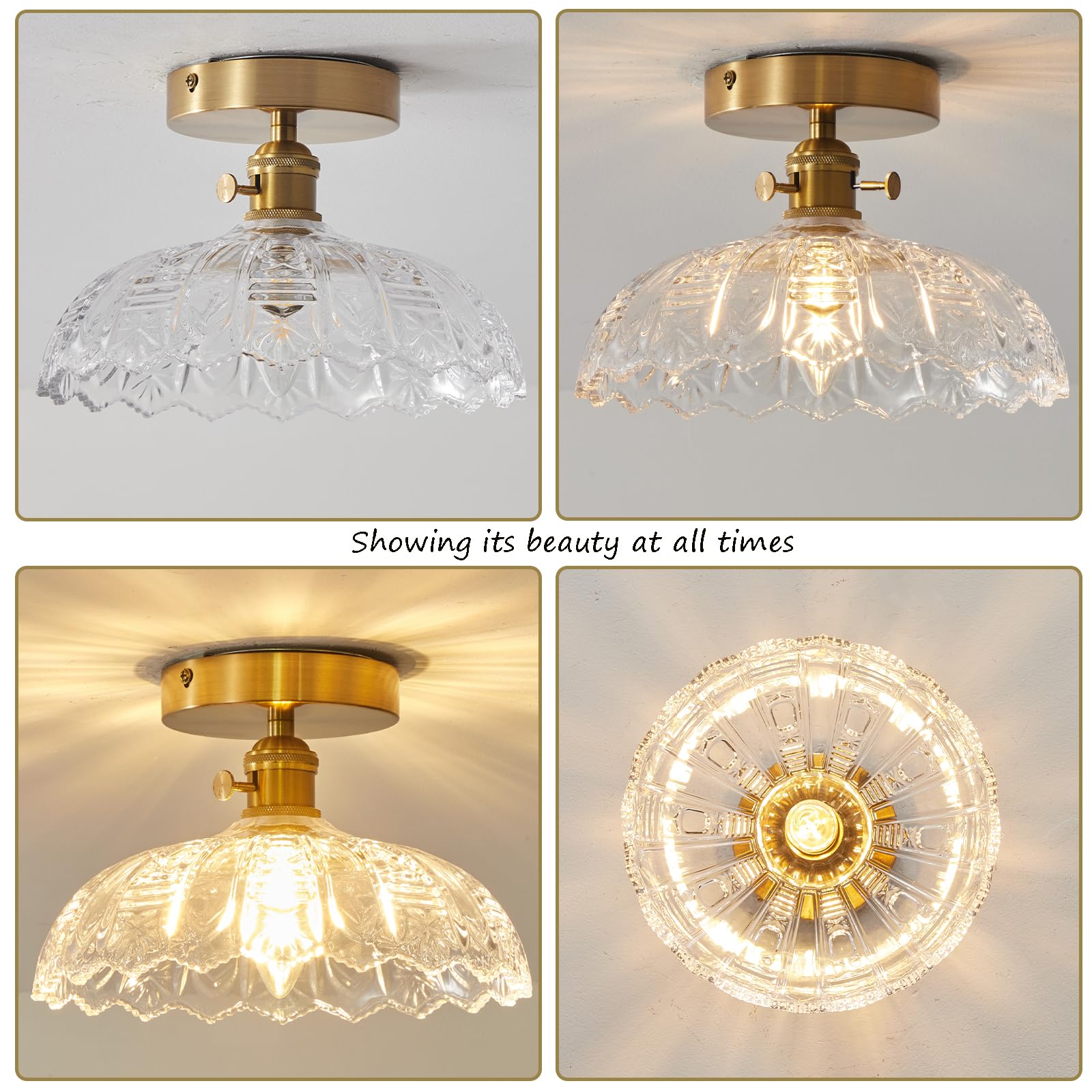 Bcgmyln Semi Flush Mount Ceiling Light, Gold Vintage Hallway Light Fixture With Clear Water Lily Glass Lampshade Brass Modern Ce