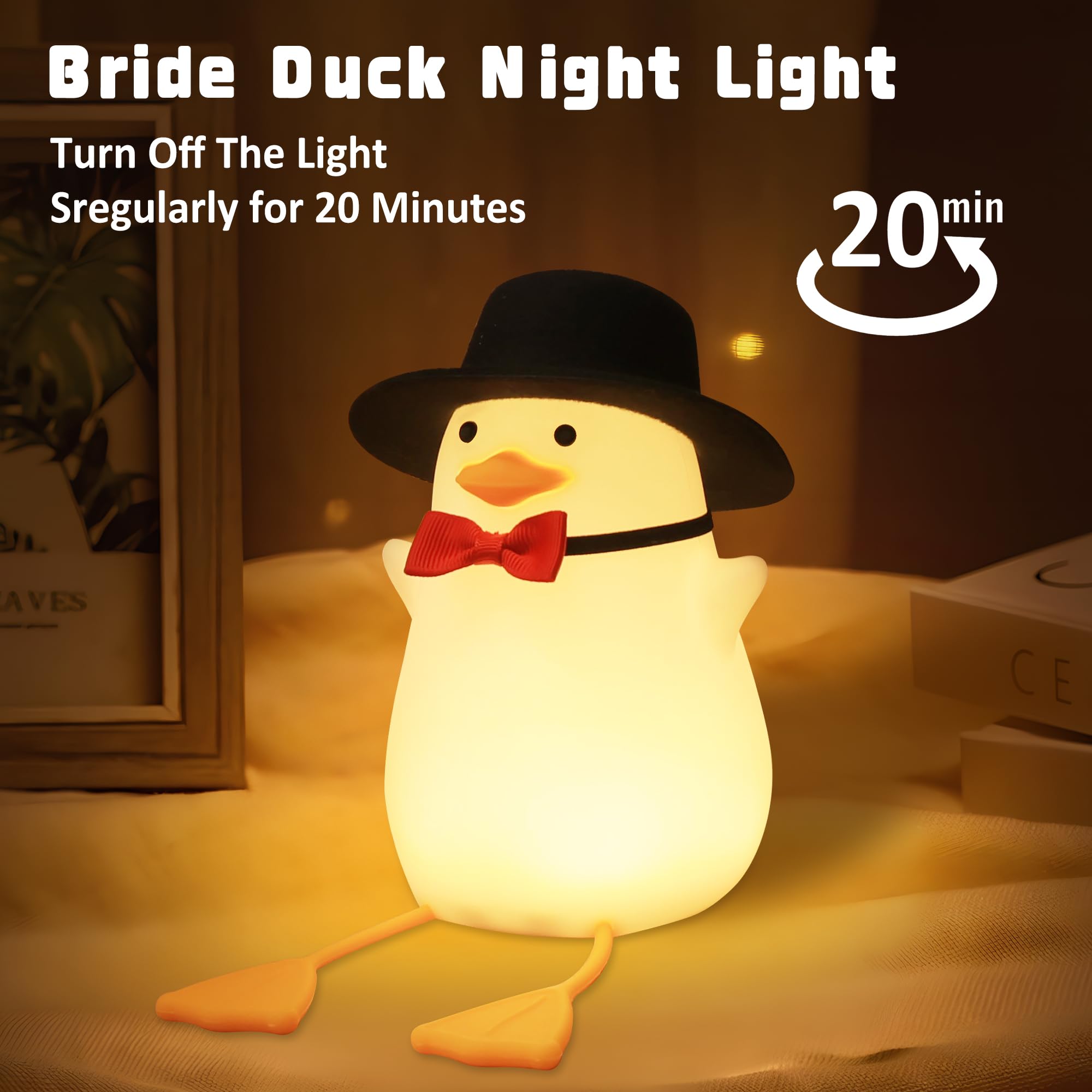 Hinittey Benson Gentleman Duck Night Light - Cute Duck Lamp With Black Hat& Bow Tie  Warm Dimming Light & Timer For Room  Birthday  Xmas  Baptism Gifts For Baby Boys & Girls