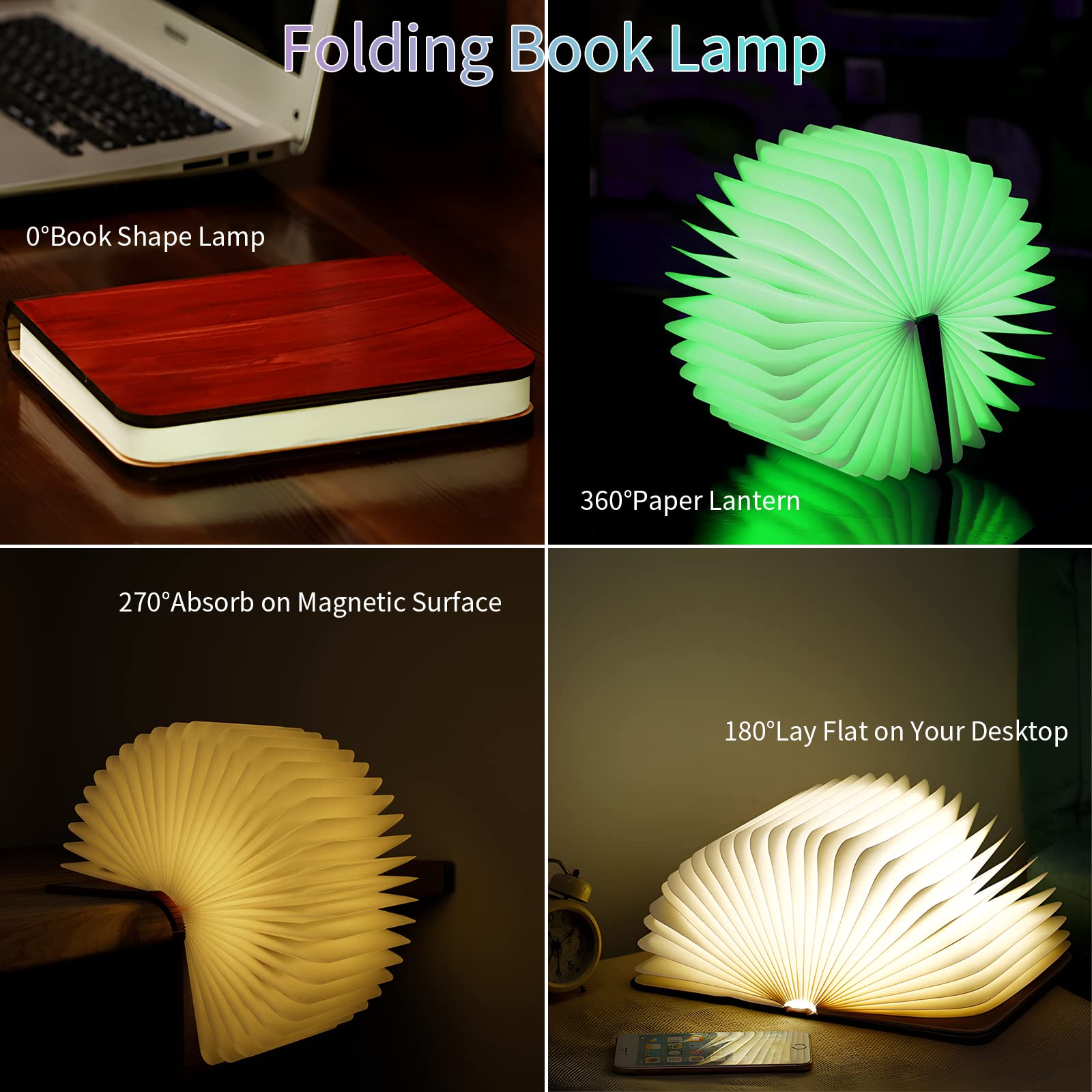Vergissm Wooden Book Light, Upgraded 5 Colors Novelty Lighting 360? Folding Book Lamp Led Paper Lantern For Desk, Room, Library