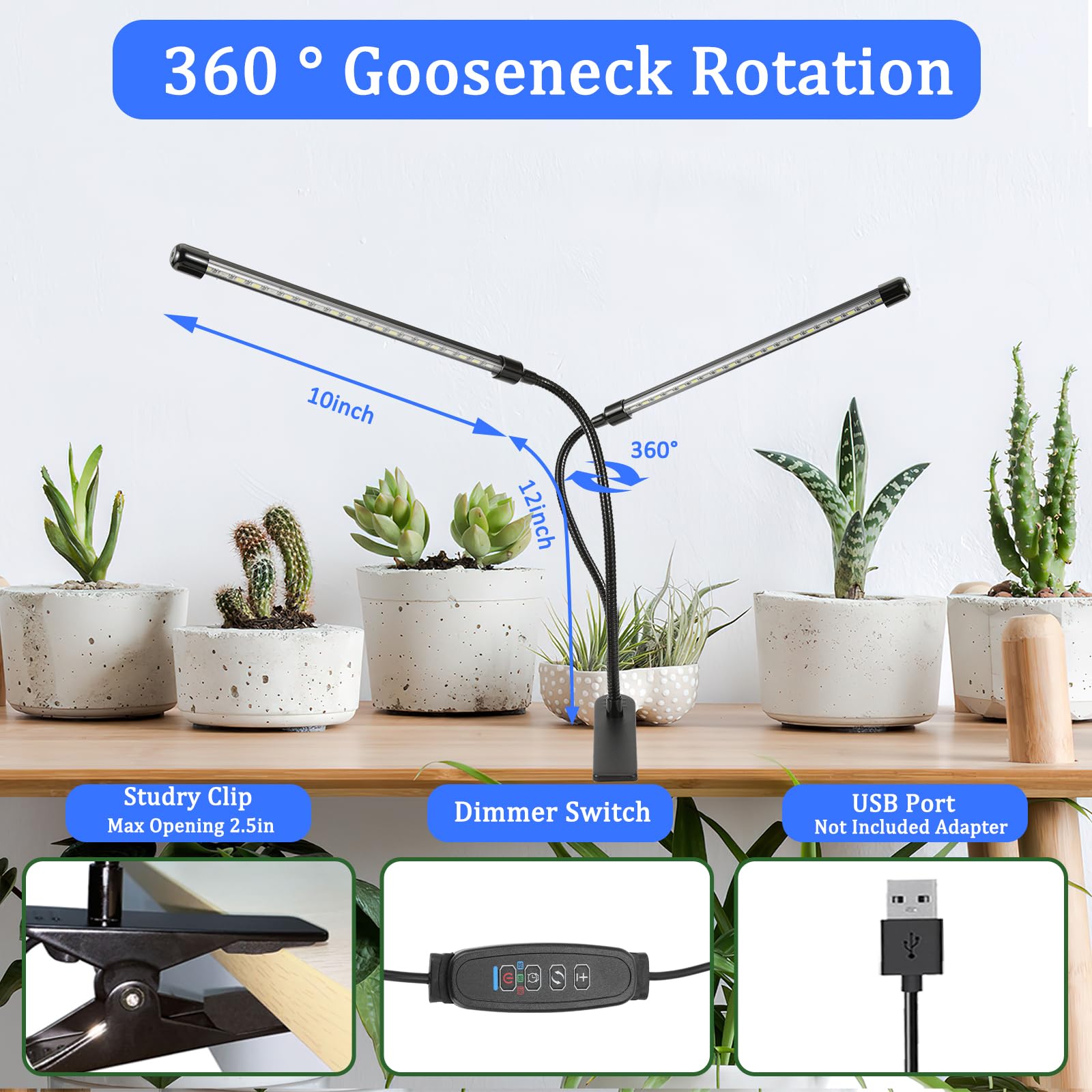 Otryad Grow Lights For Indoor Plants, Full Spectrum Plant Growing Lights With Auto On Off 3/9/12H Timer, 9 Level Dimmable, 3 Light Modes Clip On Grow Lamp For Indoor Seed Starting/Succulent, 2 Packs