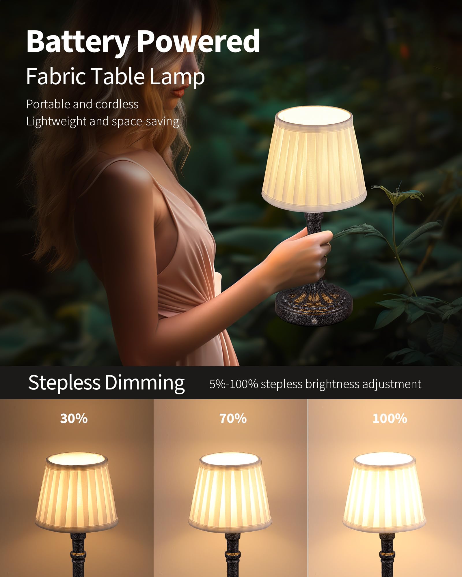 KDG Cordless Table Lamp Set of 2 - LED Fabric Shade, 4000mAh Battery, Dimmable Light, Mottled Silver