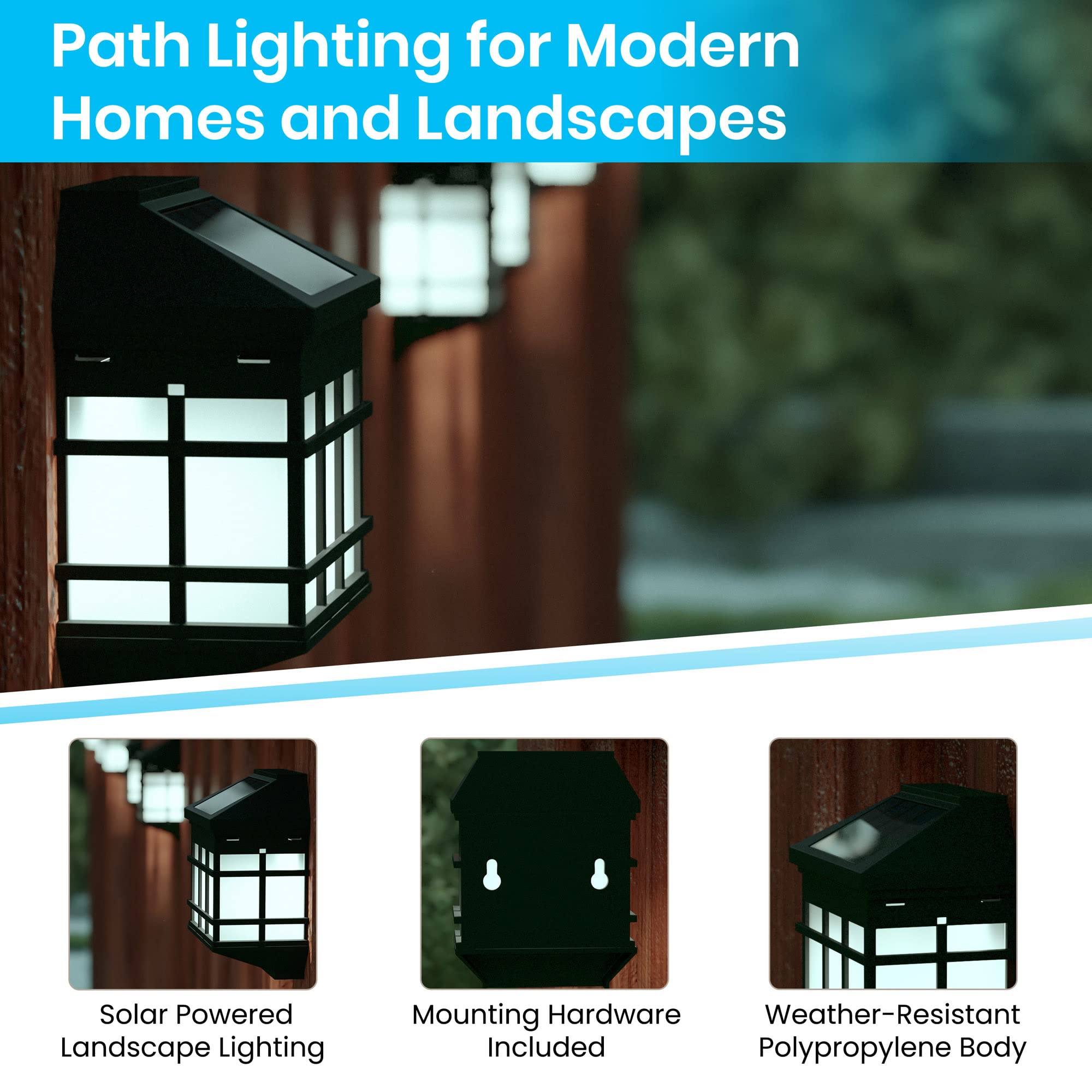 Flash Furniture Holder 6 Pack Wall Mount Led Solar Lights - Weather Resistant Black Decorative Solar Powered Lights For Decking And Fencing, 3.5X2.5X4.5