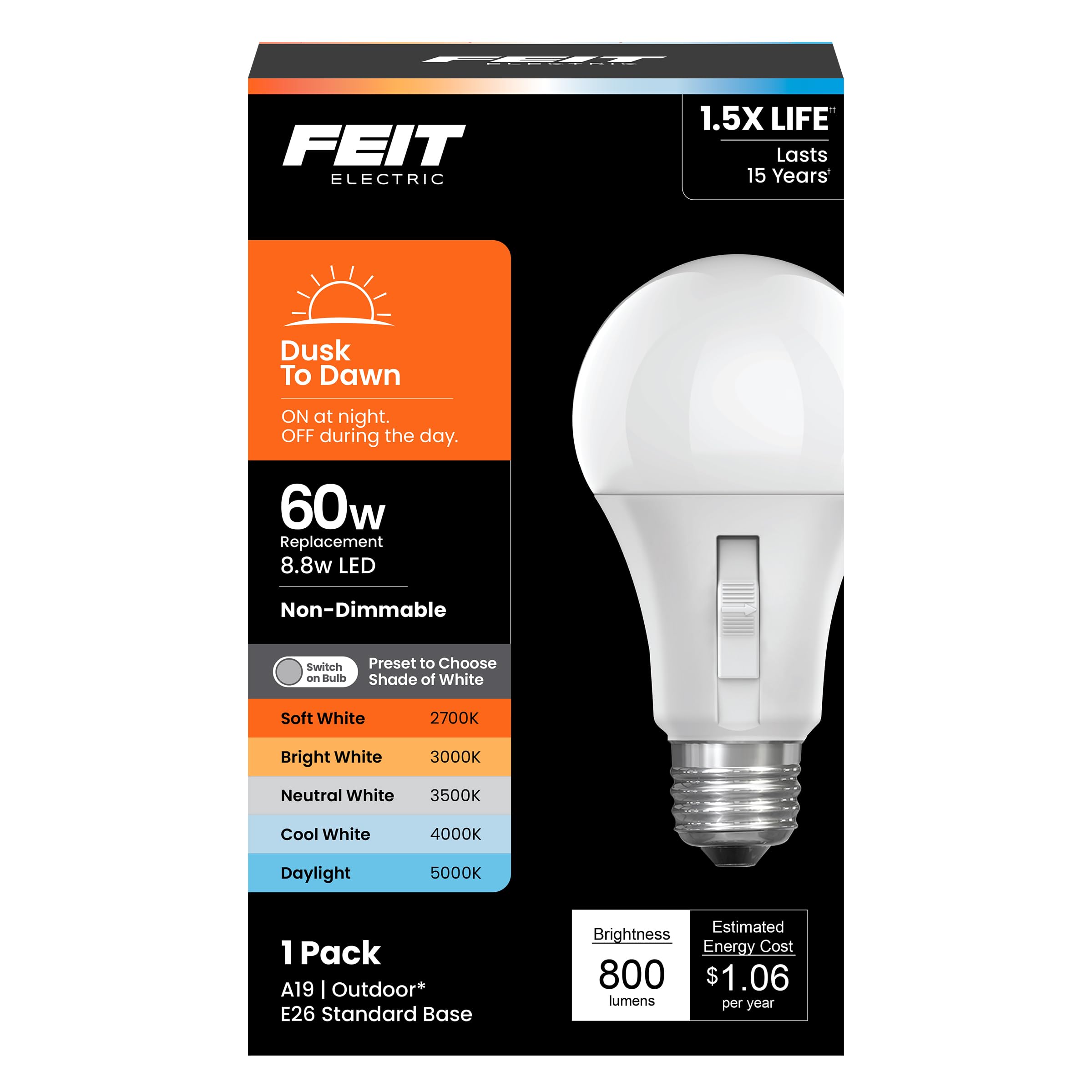 Feit Electric Led Dusk-To-Dawn Light Bulb, A19 60W Equivalent, 5Cct, Non-Dimmable, E26 Medium Base, 90 Cri, 800 Lumens, Adjustab