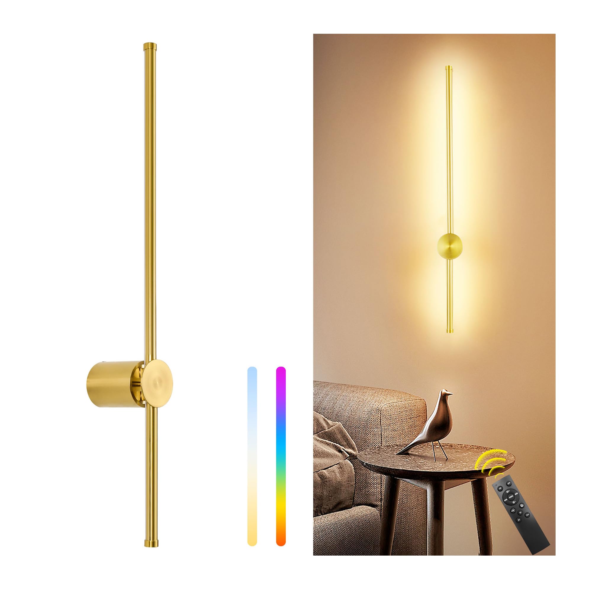 GOODATE 23.6 Inch Battery Operated Wall Sconce, Dimmable LED, Remote Control, Gold, Aluminum Alloy, Model DC-CGZ, 1 Pack