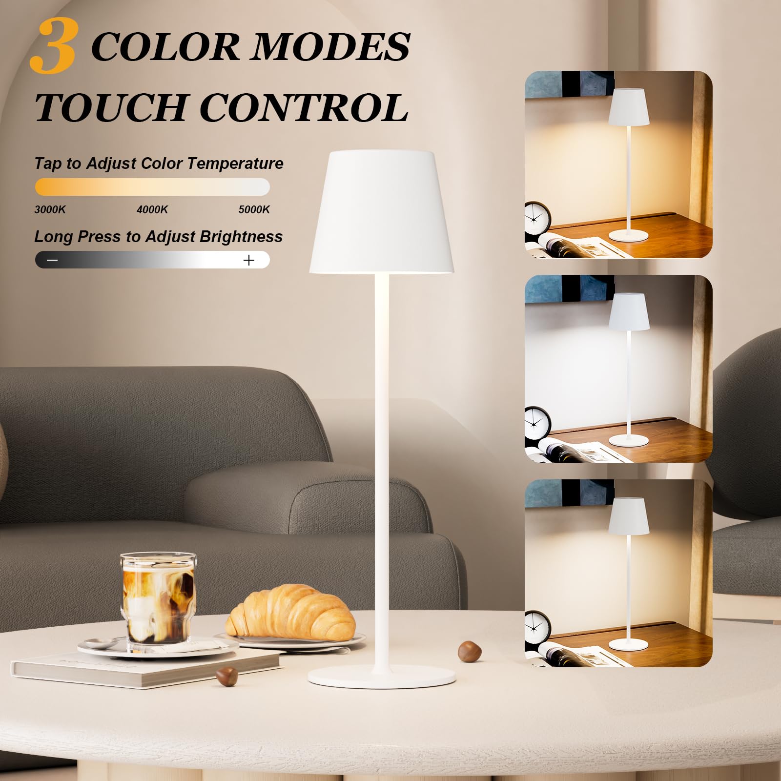 Kakanuo Cordless Table Lamp Rechargeable White - Kk 2 Pack 5000Mah Battery Operated Lamp For Table, 3 Color Stepless Dimming Wir