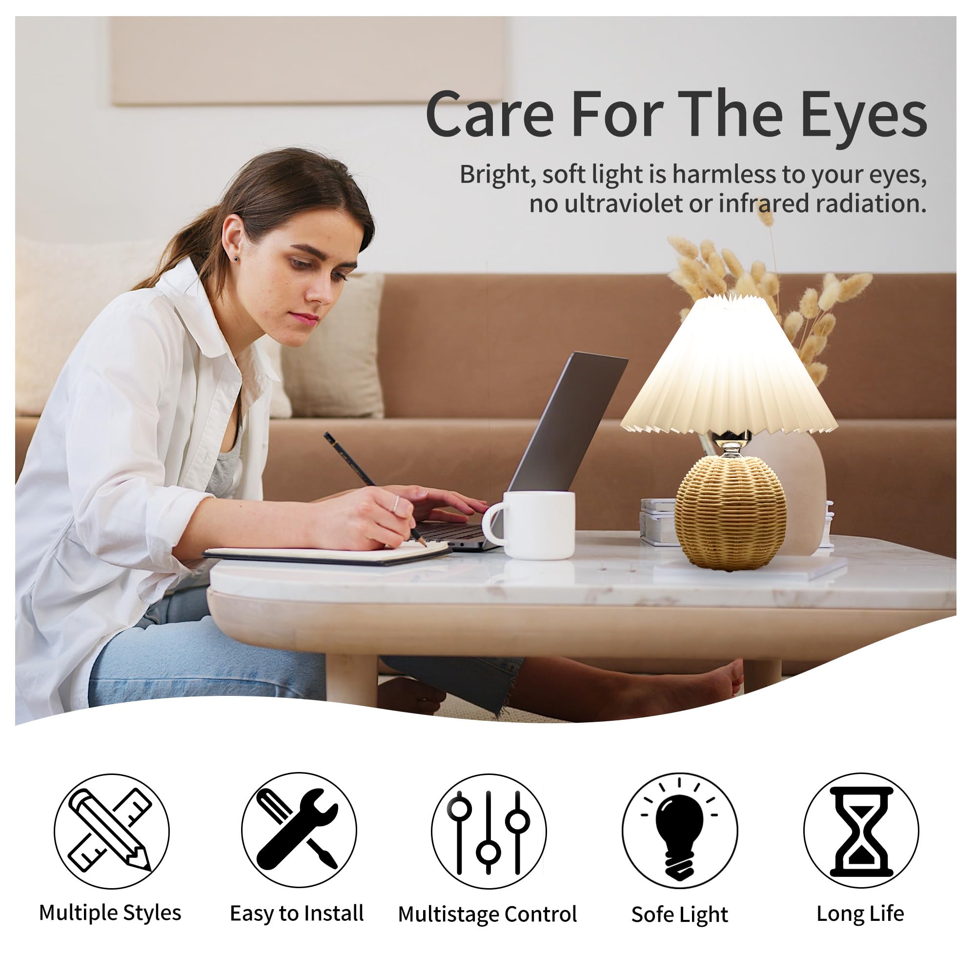 Korean Pleated Table Lamp Ins Diy Ceramic Table Lamps For Living Room Home Deco Cute Lamp With Tricolor Led Bulb Beside Lamp… Rattan And White