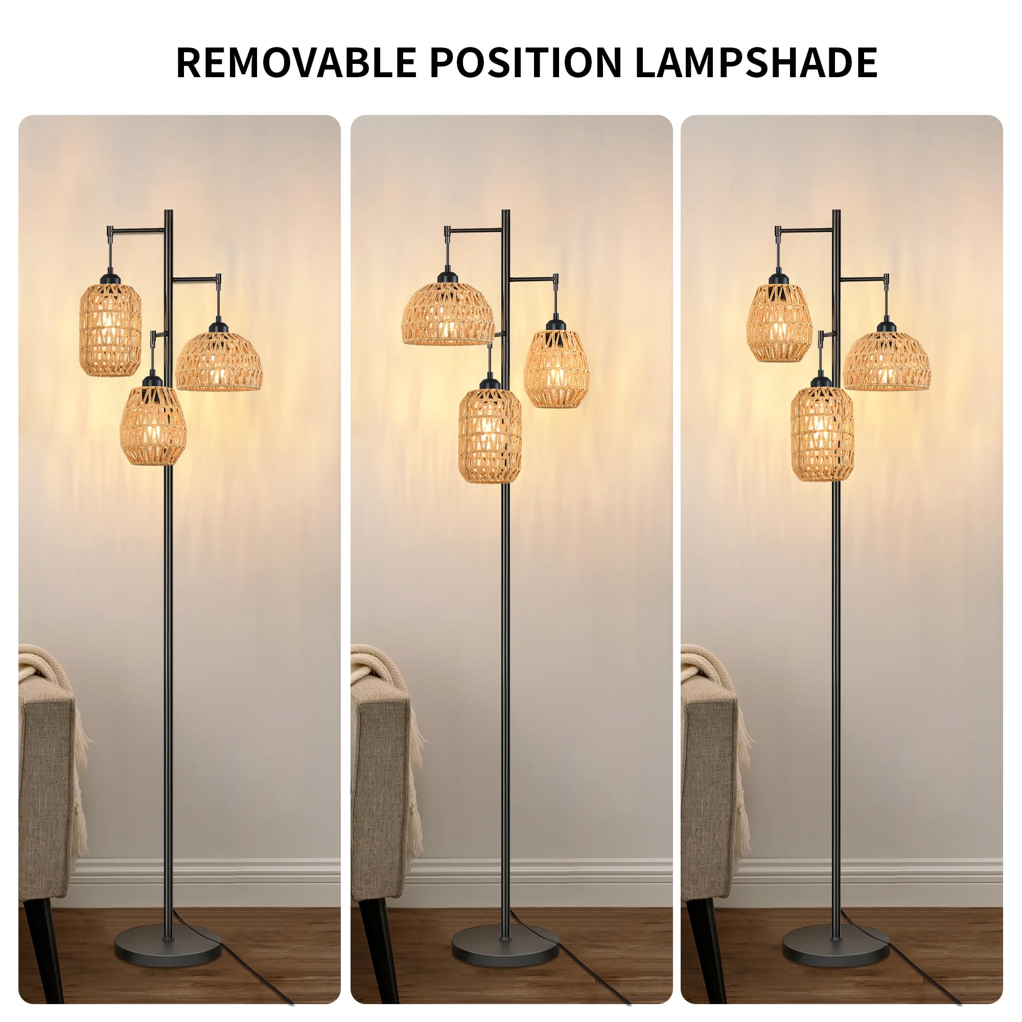 Ahdwdw Boho Floor Lamp For Living Room Bedroom - Farmhouse 3 Rattan Wicker Shades, Rustic Black Vintage Standing Light 68'' Tall