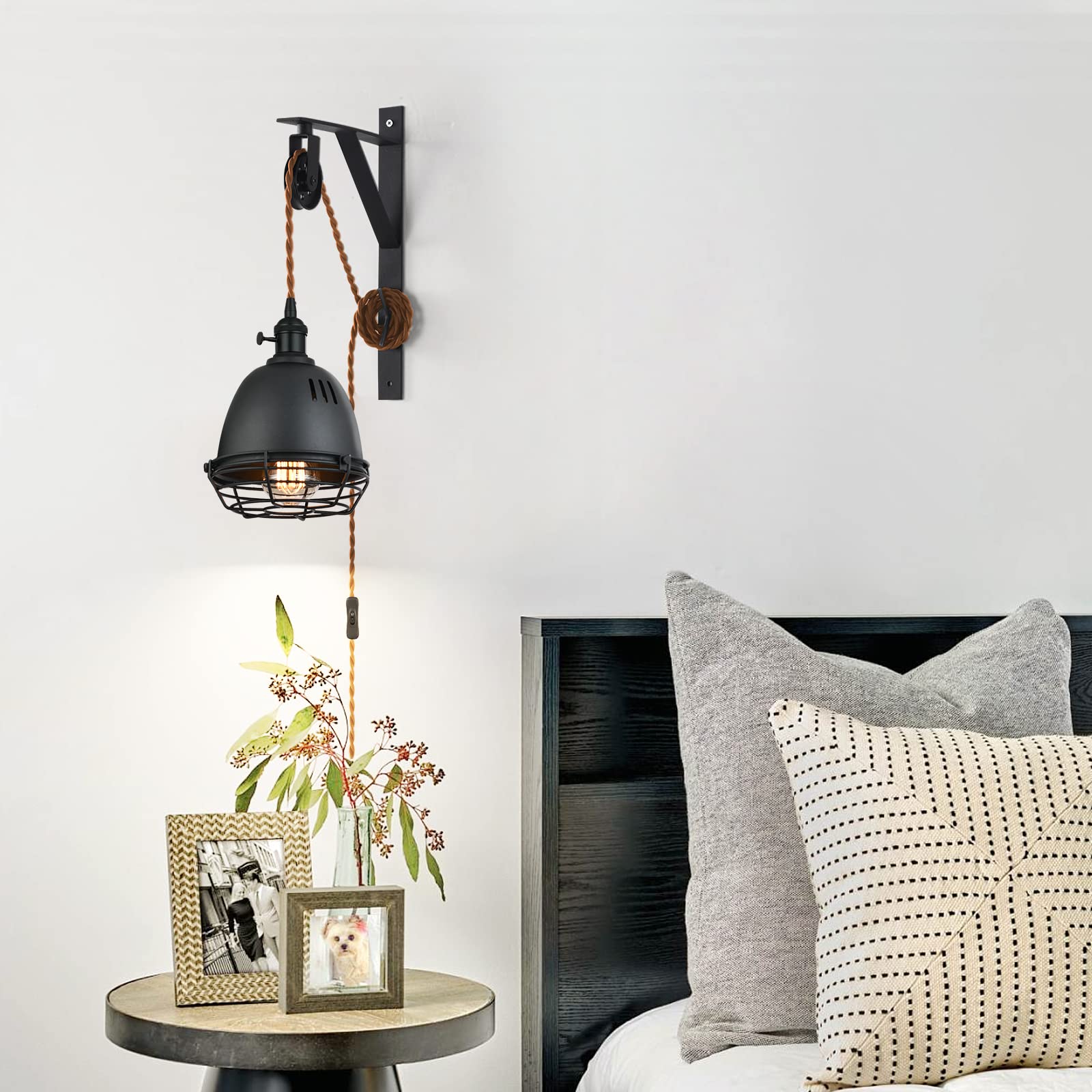 Seeblen Vintage Design Industrial Wheel Farmhouse Wall Mount Set Of 2,Pulley Wall Pendant Lamp With 7-Foot Brown Plug And Switch