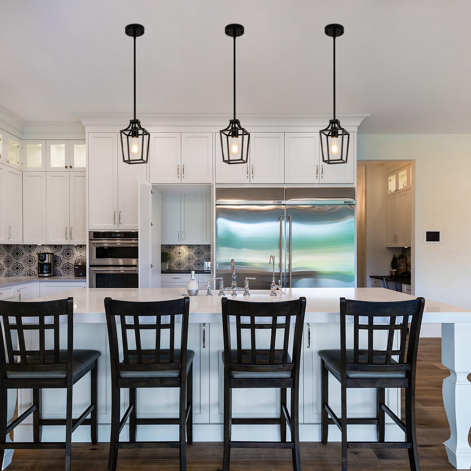 Foucasal Black Lantern Pendant Light Mini Pendant Lights For Kitchen Island Pendant Light Fixture, Adjustable Rods Farmhouse Pen