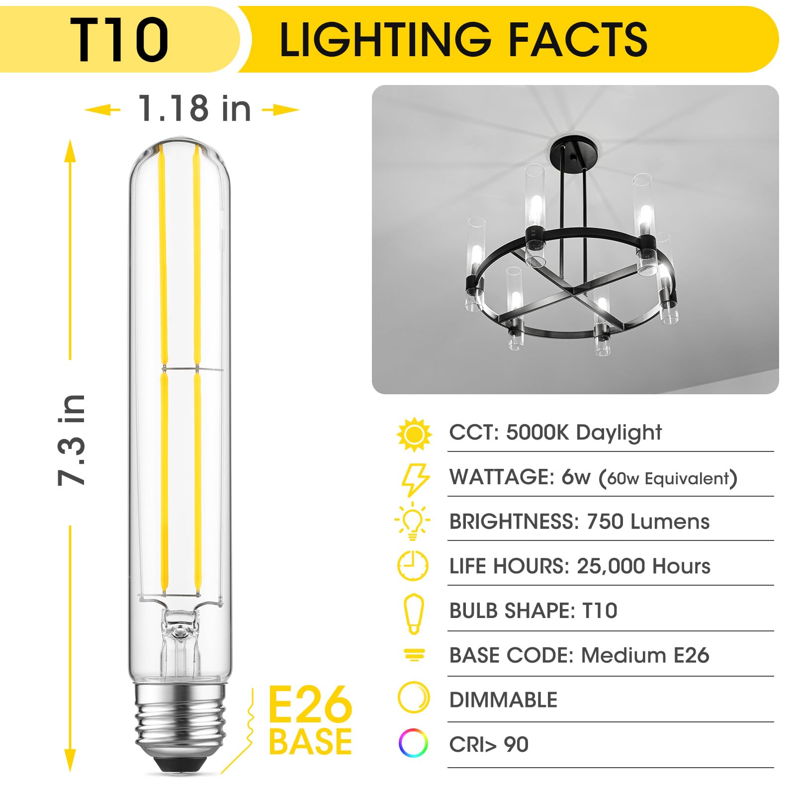 Gozelux 7.3" Vintage LED Edison Bulbs, 6W (60W Equivalent), Daylight 5000K, Dimmable, Clear Glass, T10, Pack