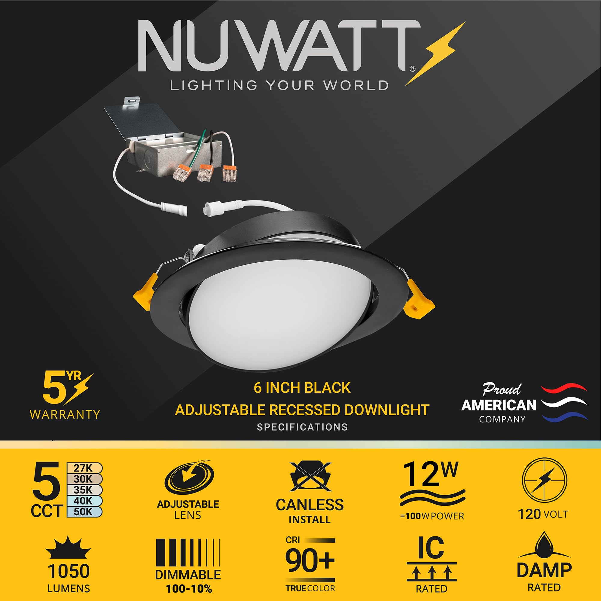 Nuwatt 6 Inch Black Gimbal Led Recessed Lighting Canless Wafer Lights, 5Cct 2700K/3000K/3500K/4000K/5000K, Dimmable, 1050Lm, 12W