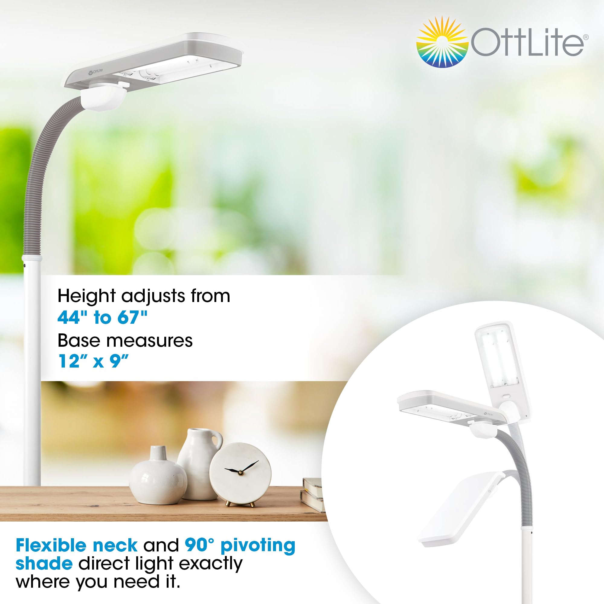 OttLite Adjustable Standing Floor Lamp - 36W LED, White, Large - Modern Daylight Light for Living Room, Office, Reading, Dorm - Model 836002