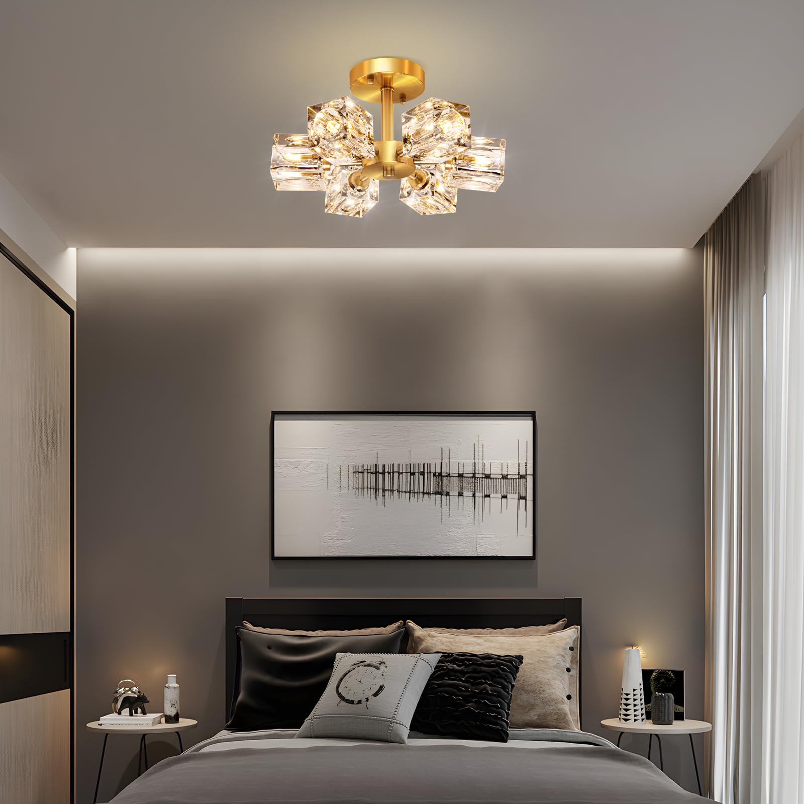 Semi Flush Mount Ceiling Light Fixture Modern 6 Lights Gold Crystal Chandelier,Brushed Nickel Sputnik Chandeliers For Hallway En