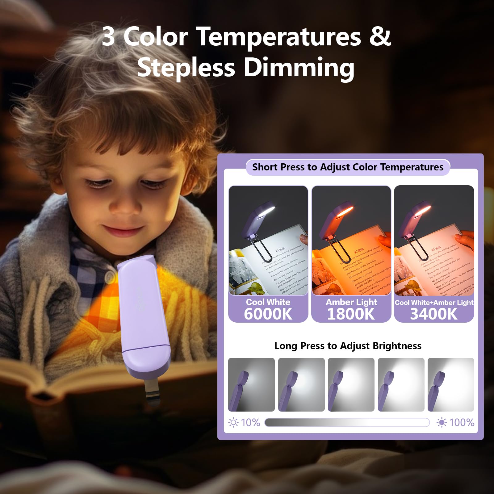 Vavofo Usb Rechargeable Book Light, Blue Light Blocking, Amber Light Clip On Bookmark Shaped Reading Light, Eye Care 6 Leds Book Light For Bookworms Reading In Bed With 9 Lighting Modes (Purple)