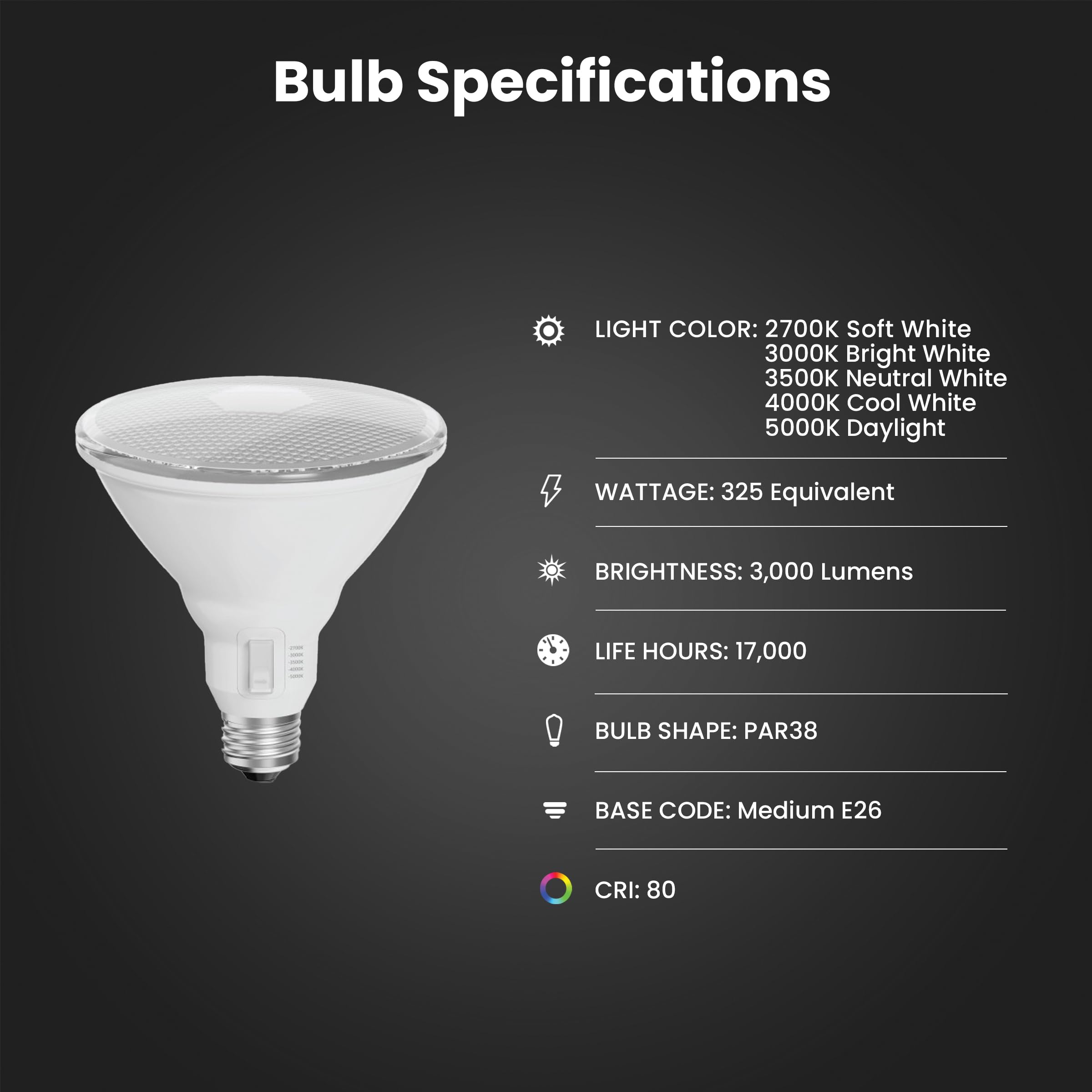 Feit Electric PAR38 LED Reflector Bulb, 325W Equivalent, Dimmable, 3000 Lumens, Adjustable White, Model PAR38325DM5CCT, 1 Count