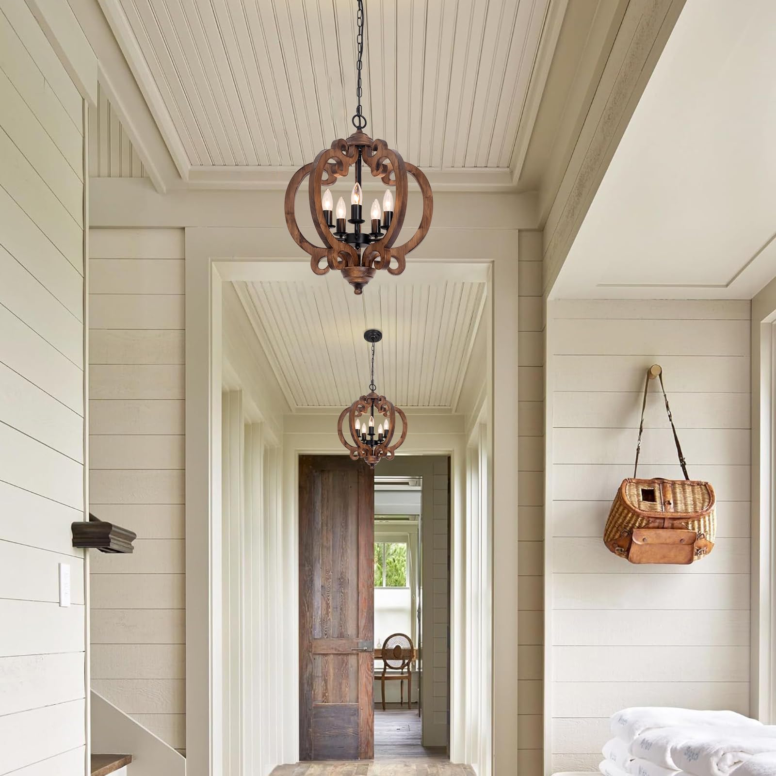 Rviezza 5-Light Rustic Wood Chandelier - Vintage Orb Pendant Lighting for Dining Room, Kitchen Island, Foyer, 17.72'' Model B0F8VH8L17