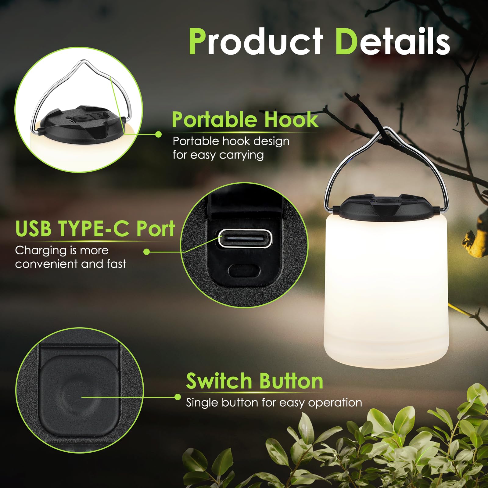 BOBKID LED Camping Lantern, Rechargeable, 1000LM, Water Resistant, Model XQ-Y11, Black