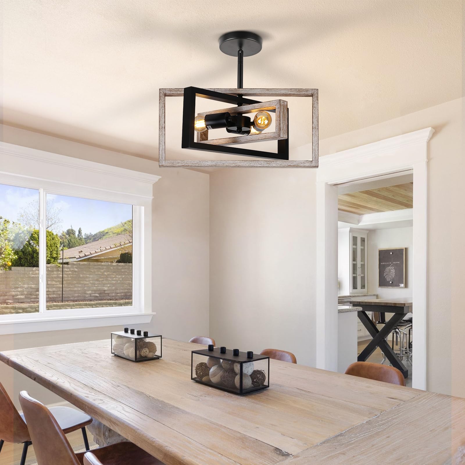 Huismier Farmhouse 3-Lights Flush Mount Ceiling Light Fixture  Industrial Wood And Metal Chandelier  Retro Close To Ceiling Lighting For Kitchen Entryway Hallway Bedroom Dining Room Living Room Foyer